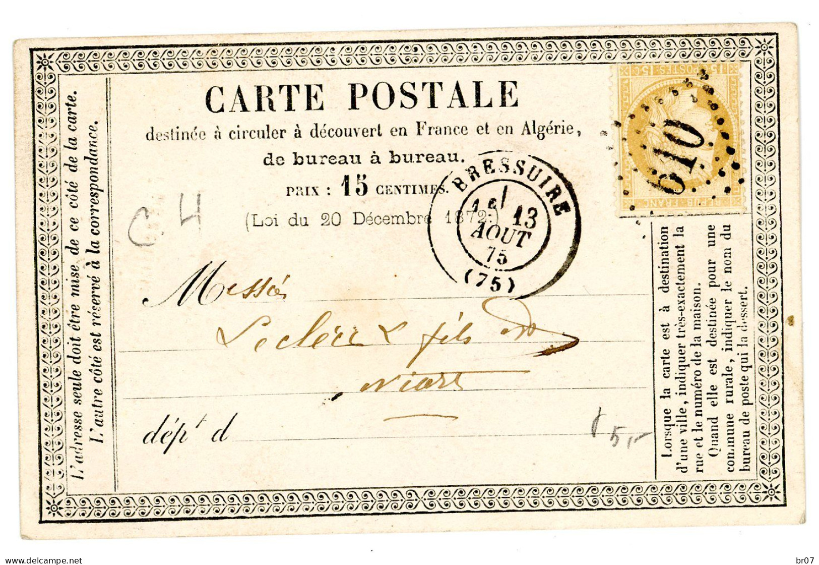 DEUX SEVRES CPP REPIQUE 1875 BRESSUIRE GC T17 + REPIQUAGE A SEC "E.LOISEAU/NEGOCIANT/BRESSUIRE (DEUX SEVRES)/ EPICERIE V - 1849-1876: Classic Period