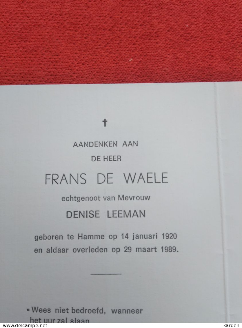 Doodsprentje Frans De Waele / Hamme 14/1/1920 - 29/3/1989 ( Denise Leeman ) - Religione & Esoterismo