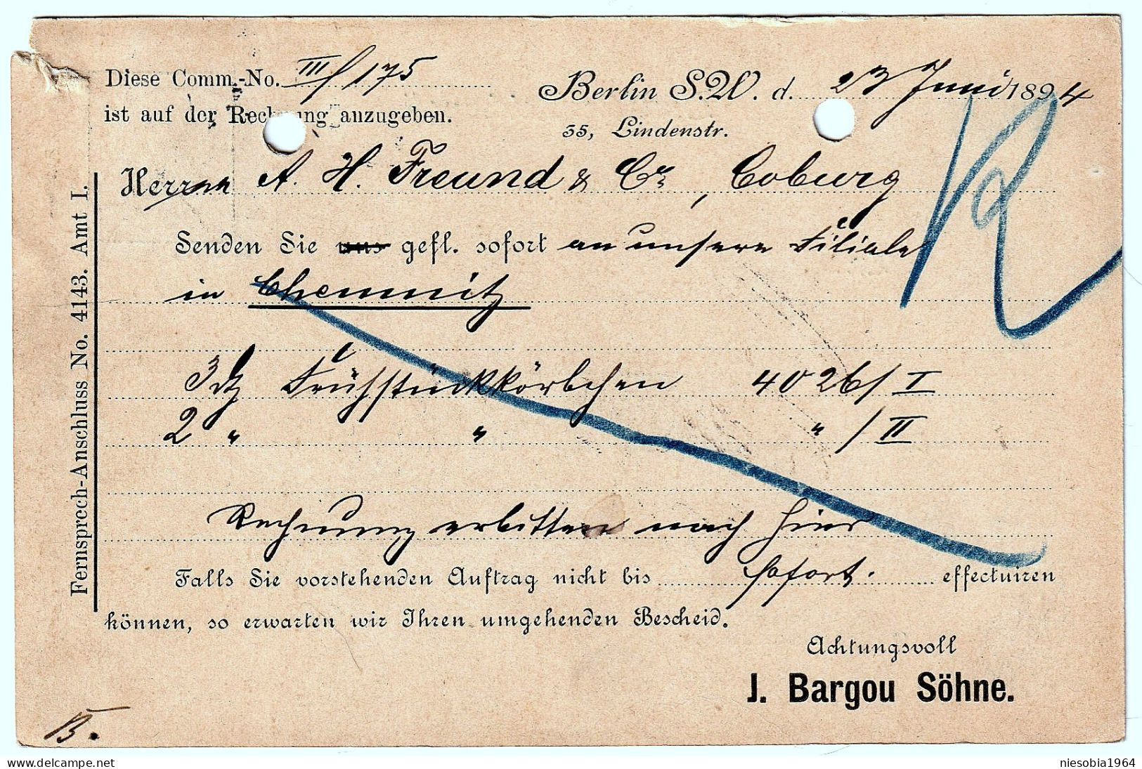 Imperial Germany Reichspost J. Bargou & Sohne. 23.06.1894 Belle-Époque Corespondenz-Karte Berlin - Cartoline
