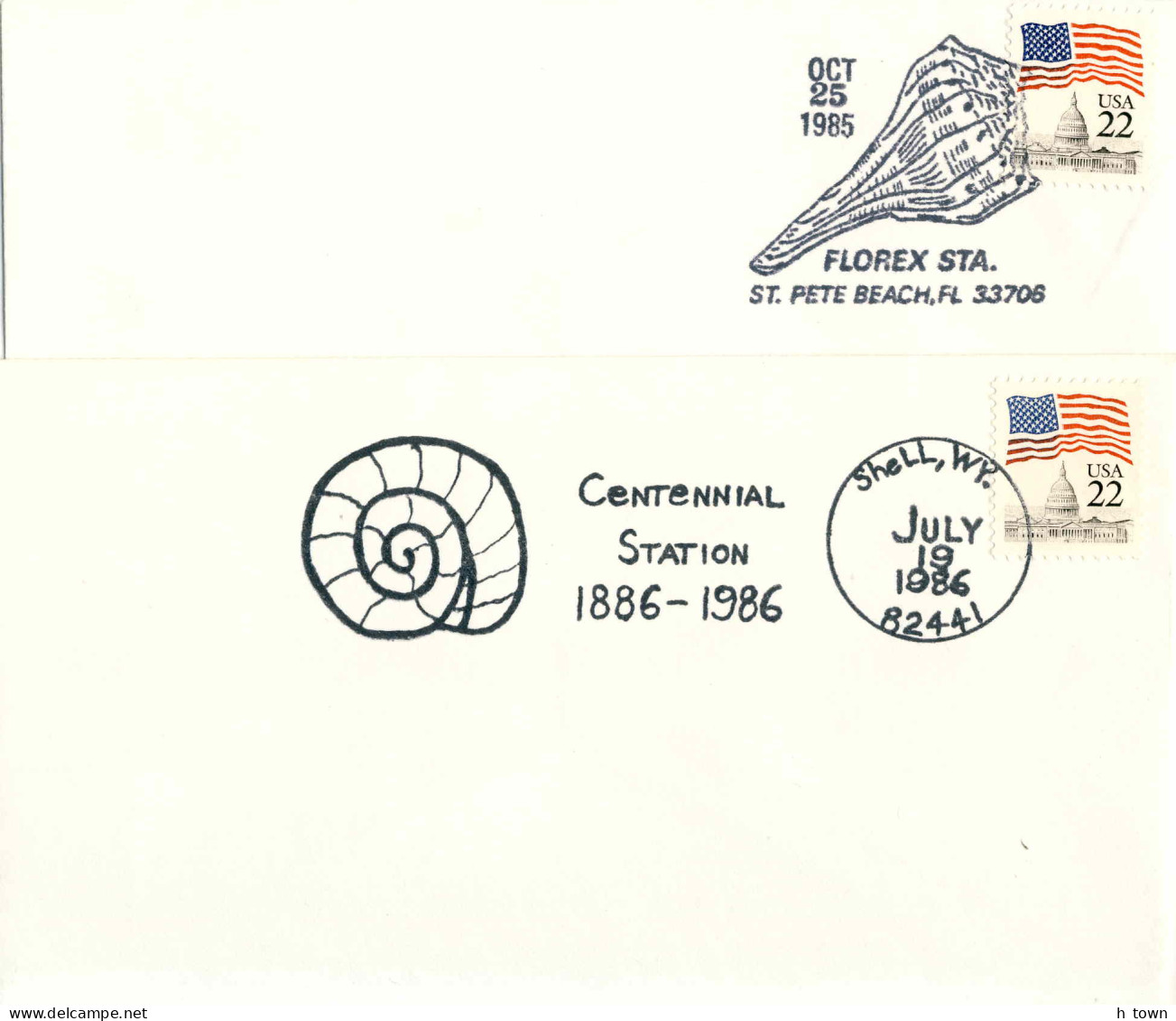 228  Escargot: 2 Oblit. Temporaires D'États-Unis, 1985/86 - Shell, WY And Florida Pictorial Cancels. Sea Snail - Schelpen