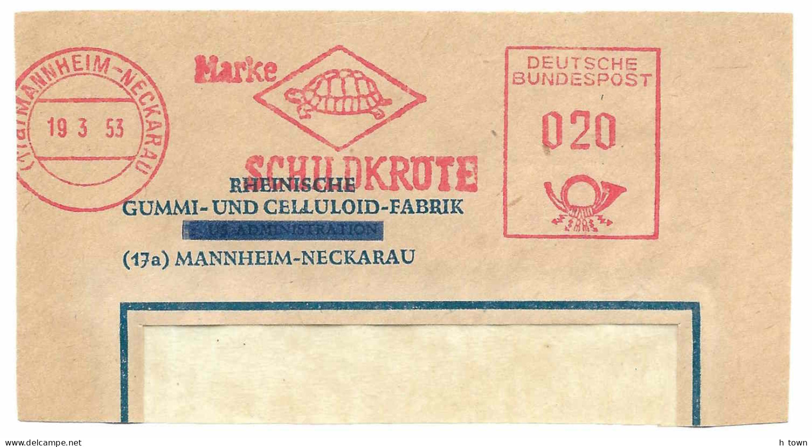 228  Tortue: Ema D'Allemagne, 1953 - Turtle Meter Stamp From Germany. Mannheim Neckarau Marke Schildkröte Celluloid - Schildpadden