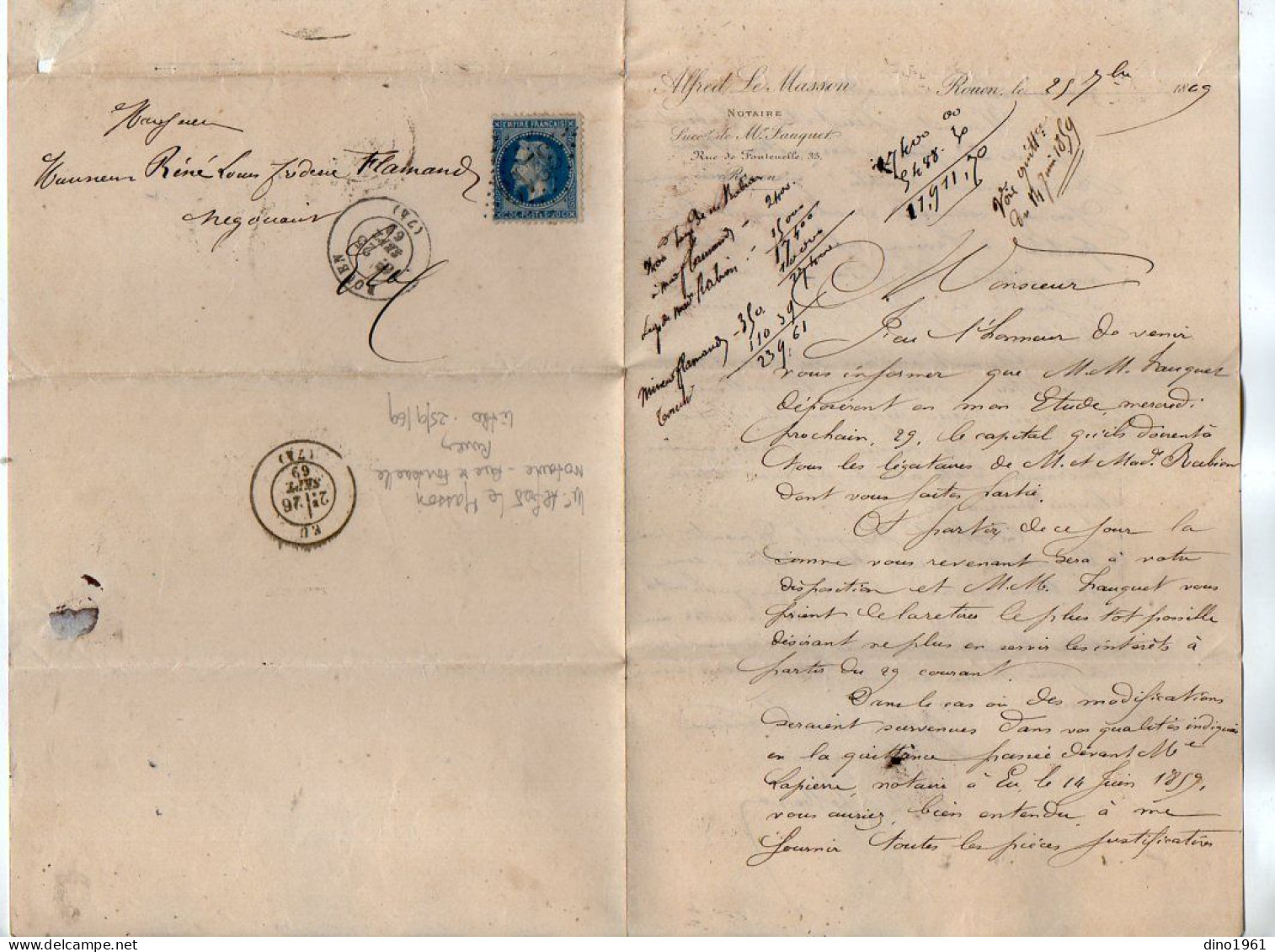 TB 4796 - 1869 - Lettre De Me Alfred LE MASSON, Notaire à ROUEN Pour M. René FLAMAND, Négociant à EU - 1849-1876: Klassik