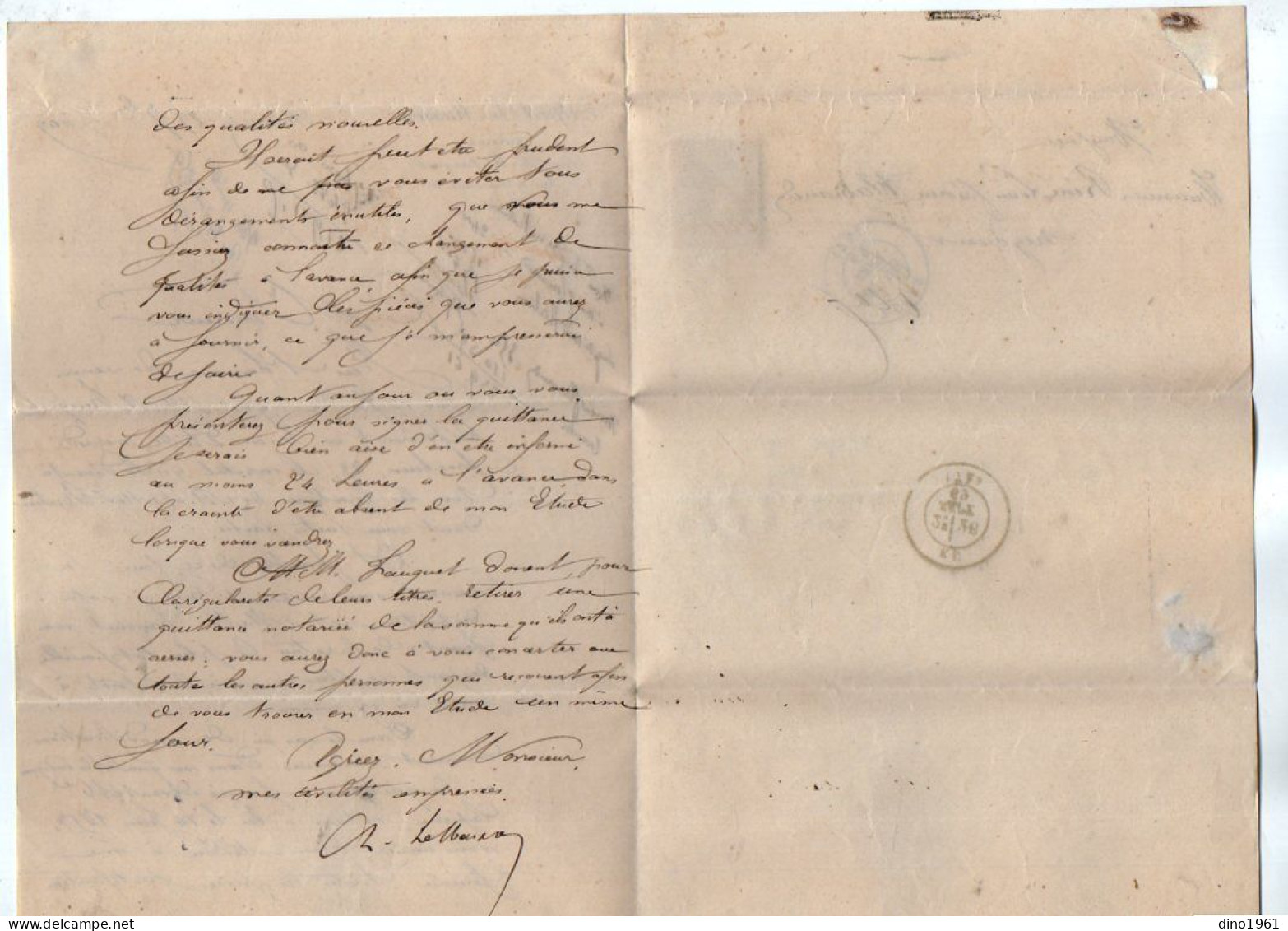 TB 4796 - 1869 - Lettre De Me Alfred LE MASSON, Notaire à ROUEN Pour M. René FLAMAND, Négociant à EU - 1849-1876: Période Classique