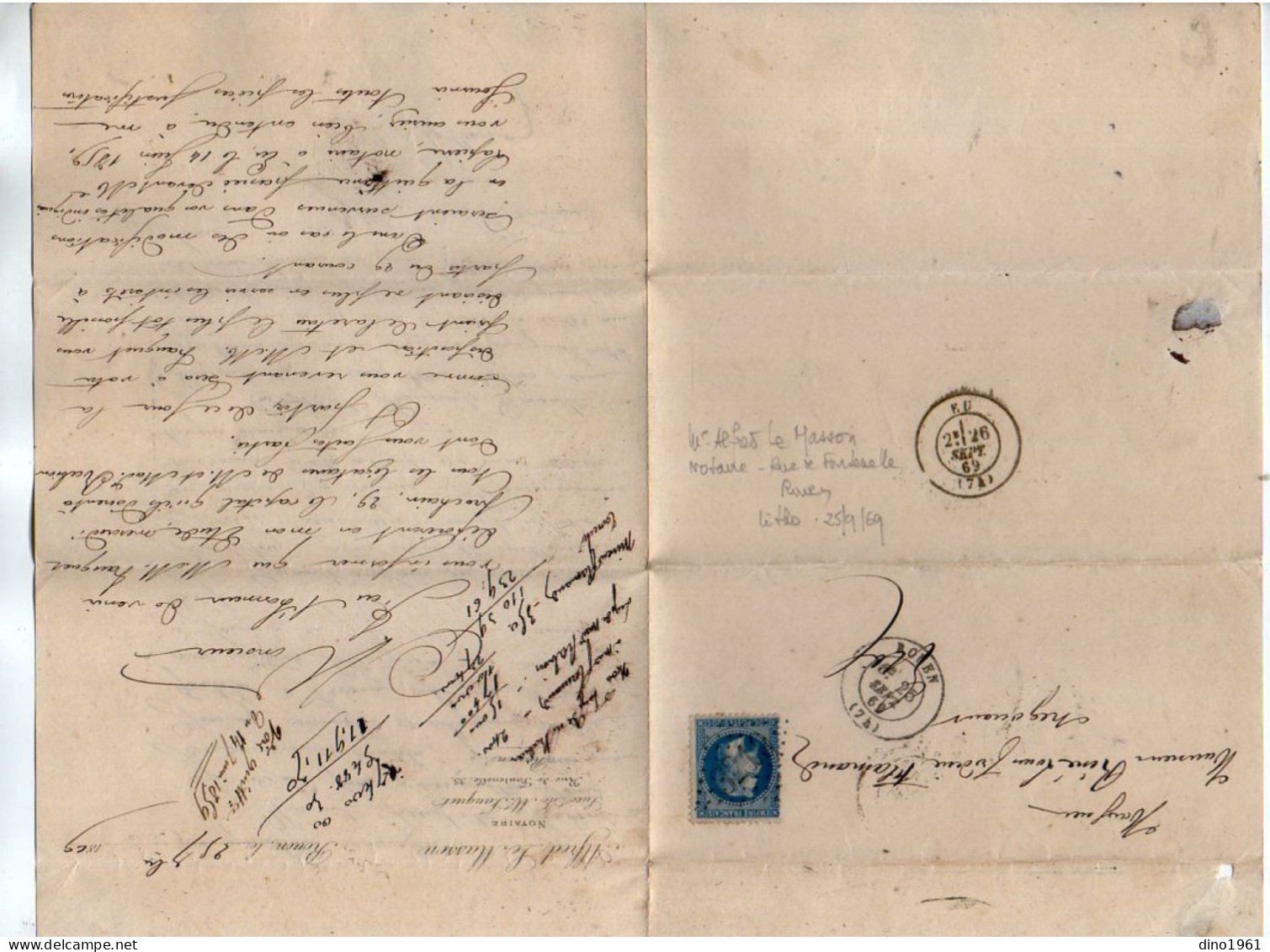 TB 4796 - 1869 - Lettre De Me Alfred LE MASSON, Notaire à ROUEN Pour M. René FLAMAND, Négociant à EU - 1849-1876: Klassik