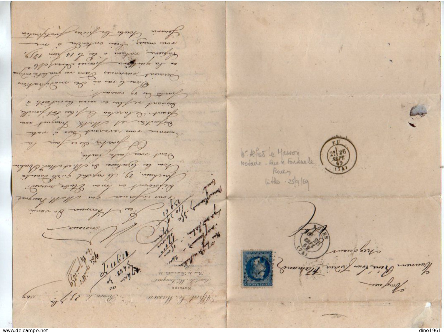 TB 4796 - 1869 - Lettre De Me Alfred LE MASSON, Notaire à ROUEN Pour M. René FLAMAND, Négociant à EU - 1849-1876: Période Classique