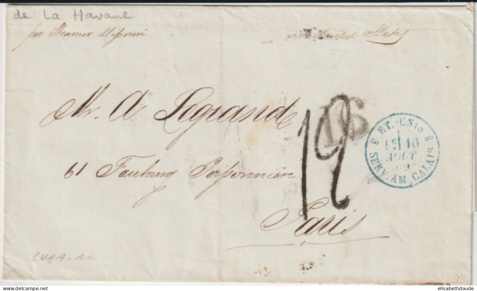1869 - ENTREE MARITIME VOIE ANGLAISE (ETATS-UNIS AMBULANT) Sur LETTRE SC De HABANA (C UBA) PAPIER FILIGRANE ! - Poste Maritime