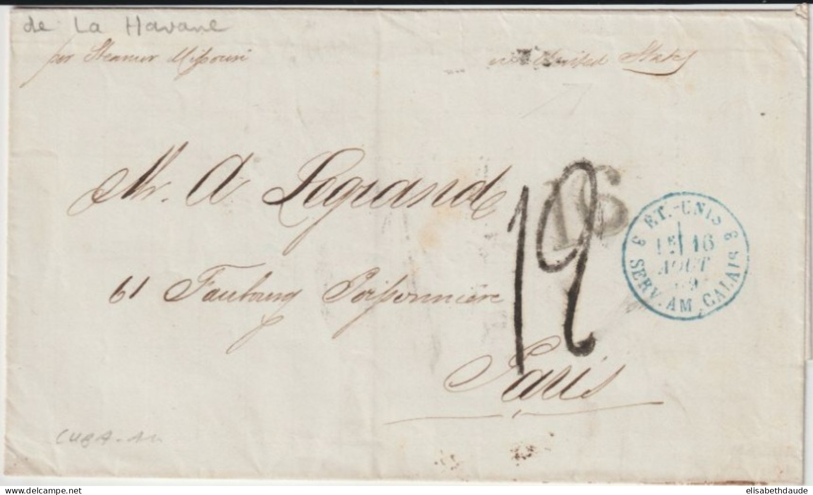 1869 - ENTREE MARITIME VOIE ANGLAISE (ETATS-UNIS AMBULANT) Sur LETTRE SC De HABANA (C UBA) PAPIER FILIGRANE ! - Correo Marítimo