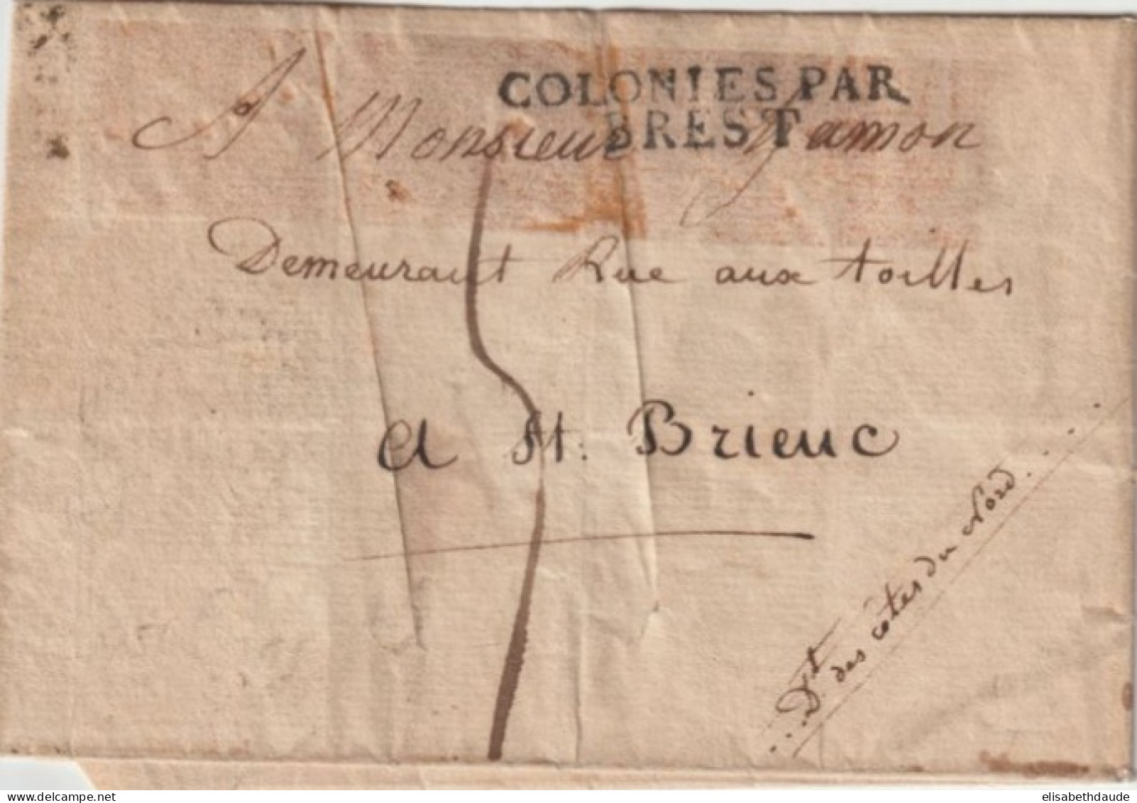 1823 - ENTREE MARITIME COLONIES PAR BREST Sur LETTRE SC PURIFIEE Avec ENTAILLES => ST BRIEUC - Schiffspost