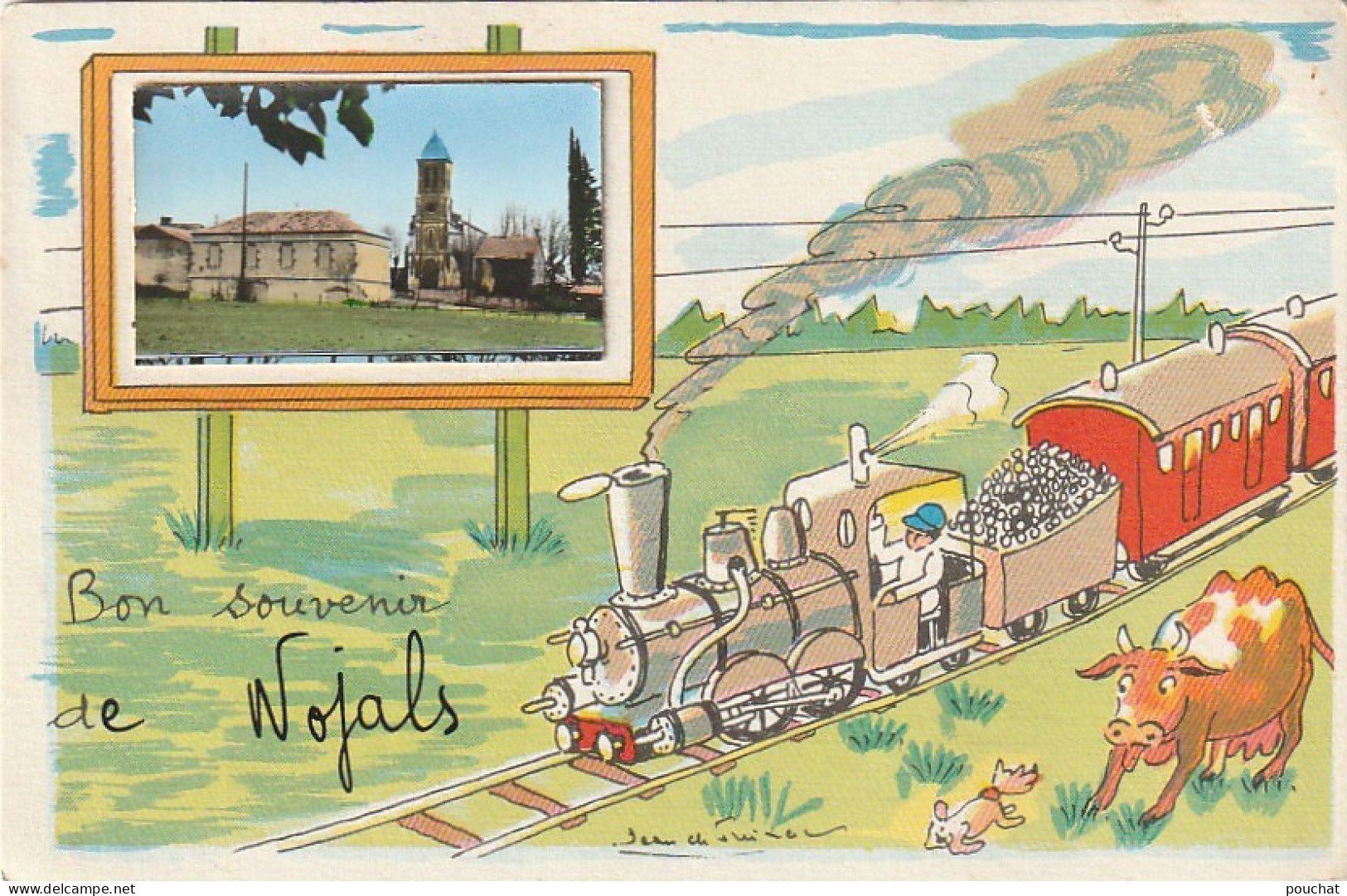 QU -(24) " BON SOUVENIR DE NOJALS " - ILLUSTRATEUR DE PREISSAC - TRAIN ET LOCOMOTIVE DEVANT UNE VACHE - VUE DE L' EGLISE - Preissac