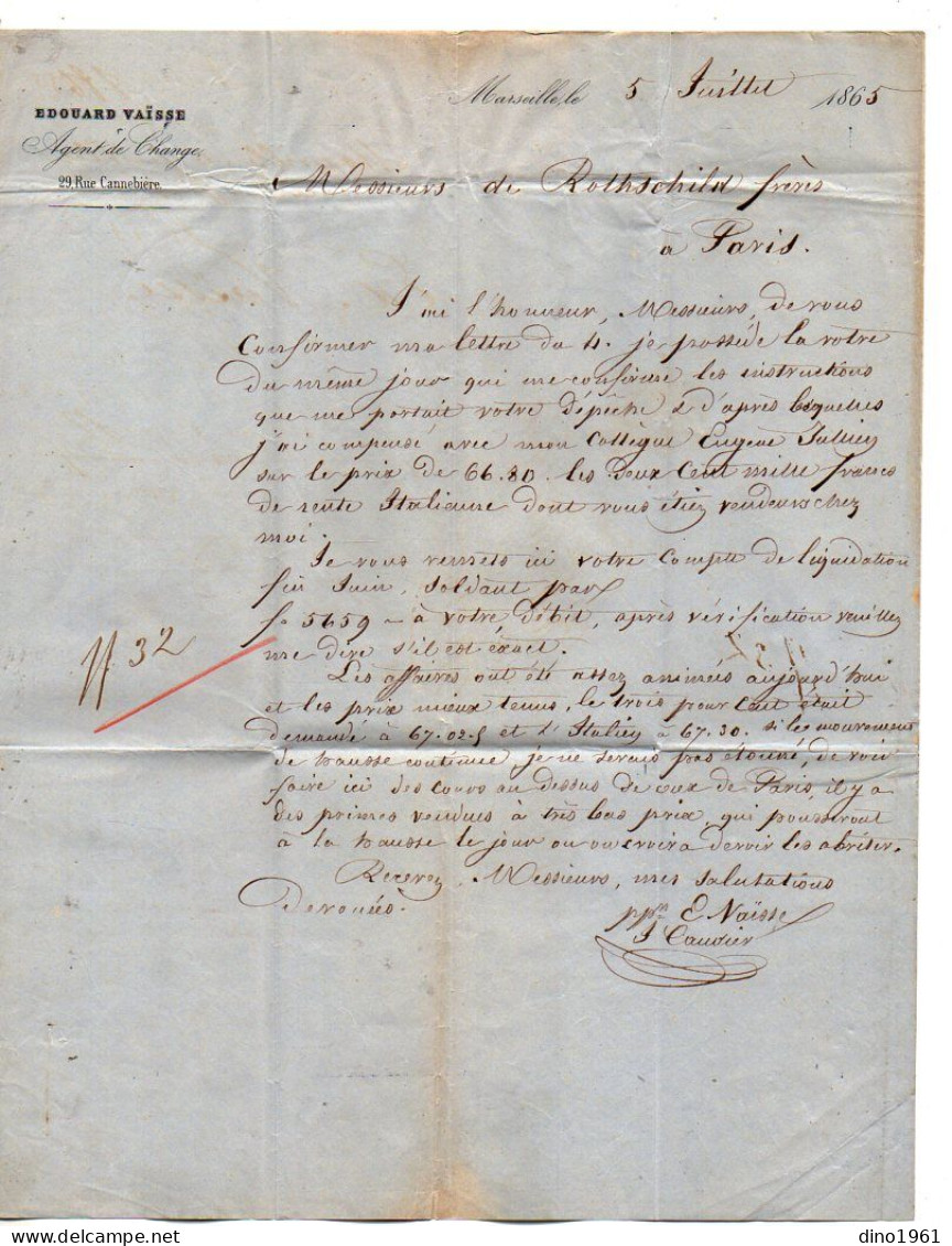 TB 4797 - 1865 - LAC - Lettre De M. Edouard VAÏSSE, Agent De Change à MARSEILLE Pour M. De ROTHSCHILD Frères à PARIS - 1849-1876: Période Classique