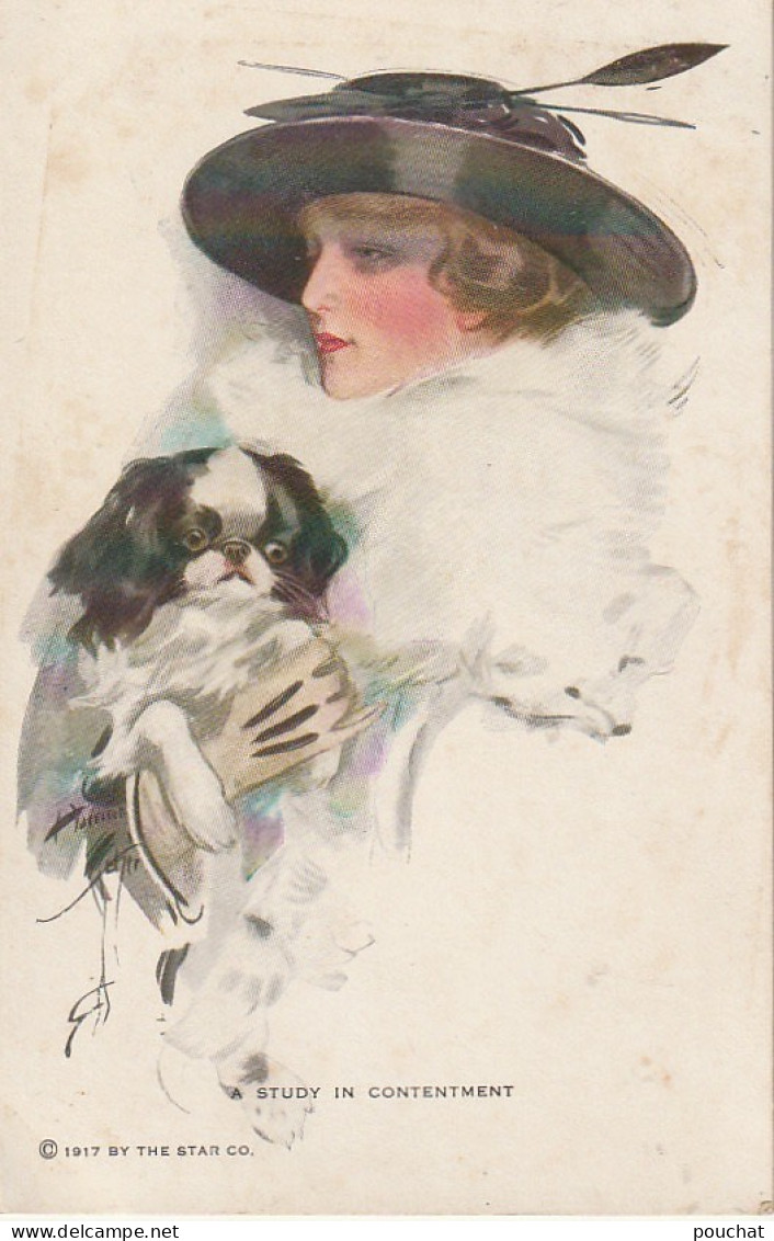 QU 7- " STUDY IN CONTENTMENT " - ILLUSTRATEUR  FISHER - PORTRAIT DE FEMME AVEC CHIEN PEKINOIS - 2 SCANS - Fisher, Harrison