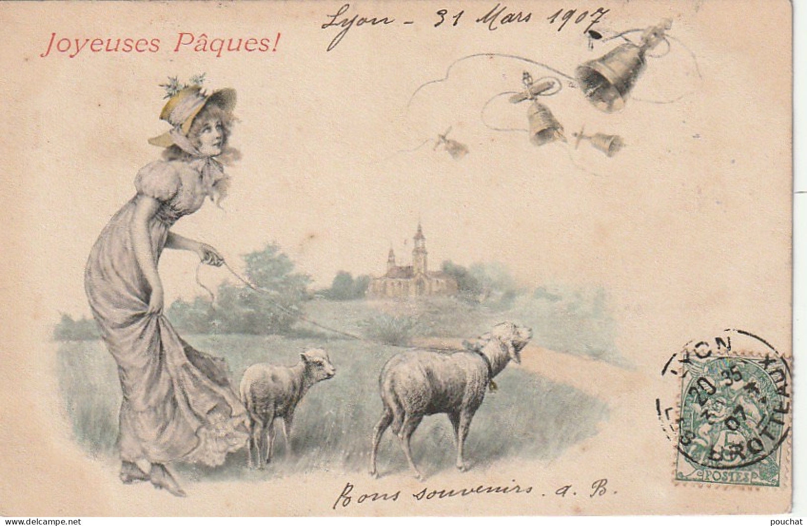 QU 7- " JOYEUSES PAQUES " - VIENNOISE - FEMME AUX CHAMPS AVEC MOUTONS - CLOCHES  - 2 SCANS - Pasen