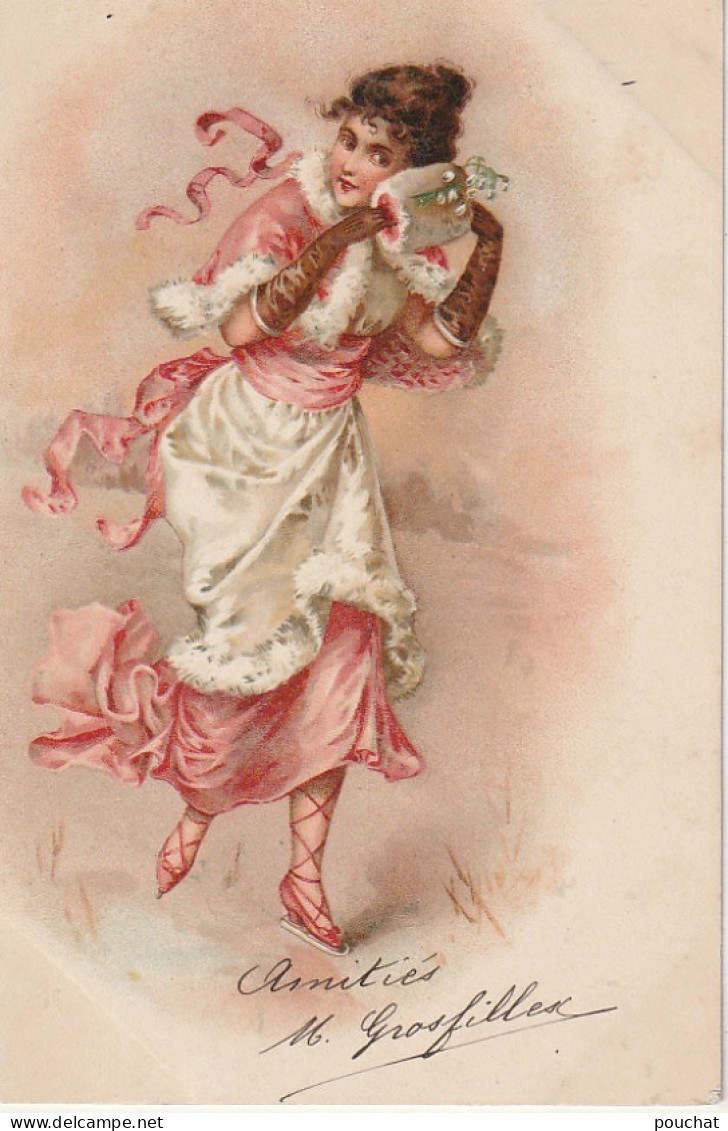 QU 7 - CARTE FANTAISIE - JEUNE FEMME PATINANT AVEC MANCHON EN FOURRURE ET MUGUET - 2 SCANS - Women