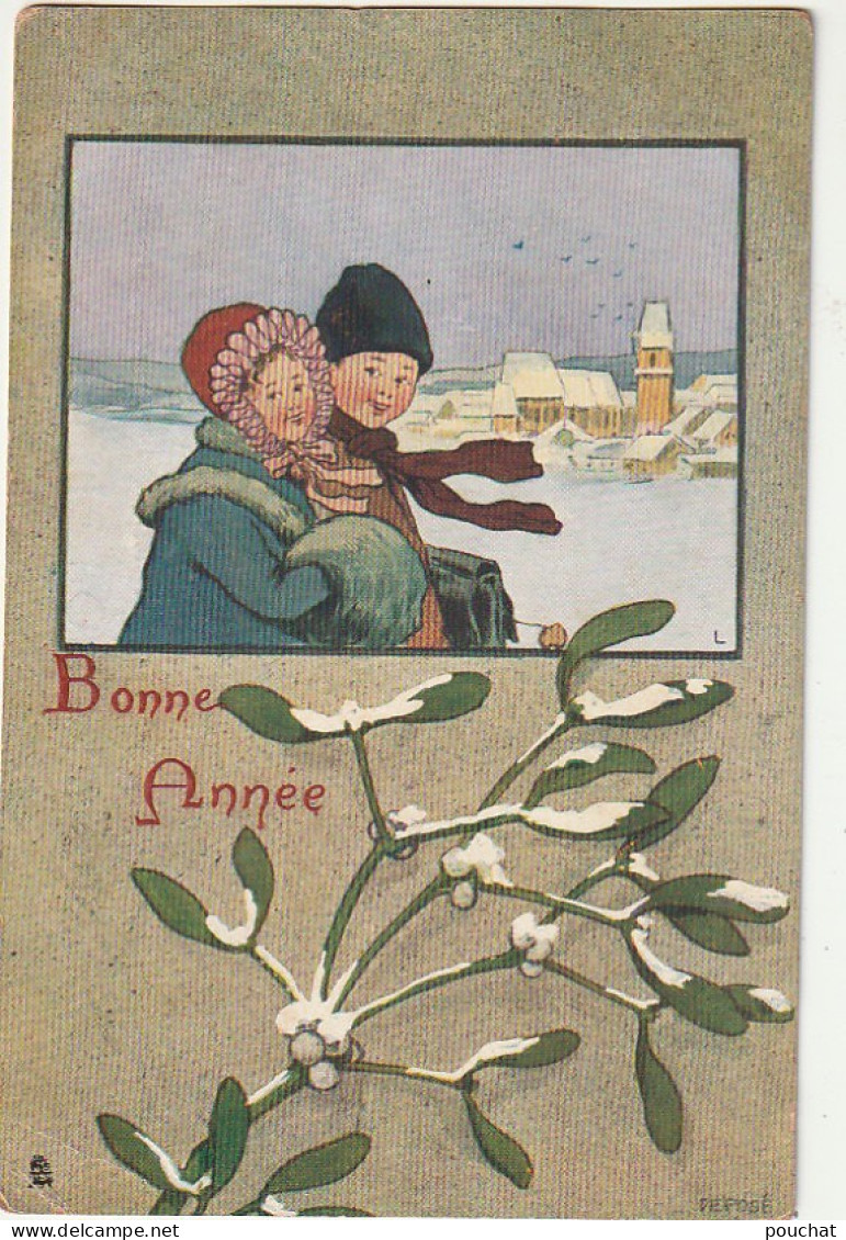 QU 8- " BONNE ANNEE " - CARTE FANTAISIE -  COUPLE DANS PAYSAGE ENNEIGE  ET BRANCHES DE GUI  - 2 SCANS  - Nouvel An