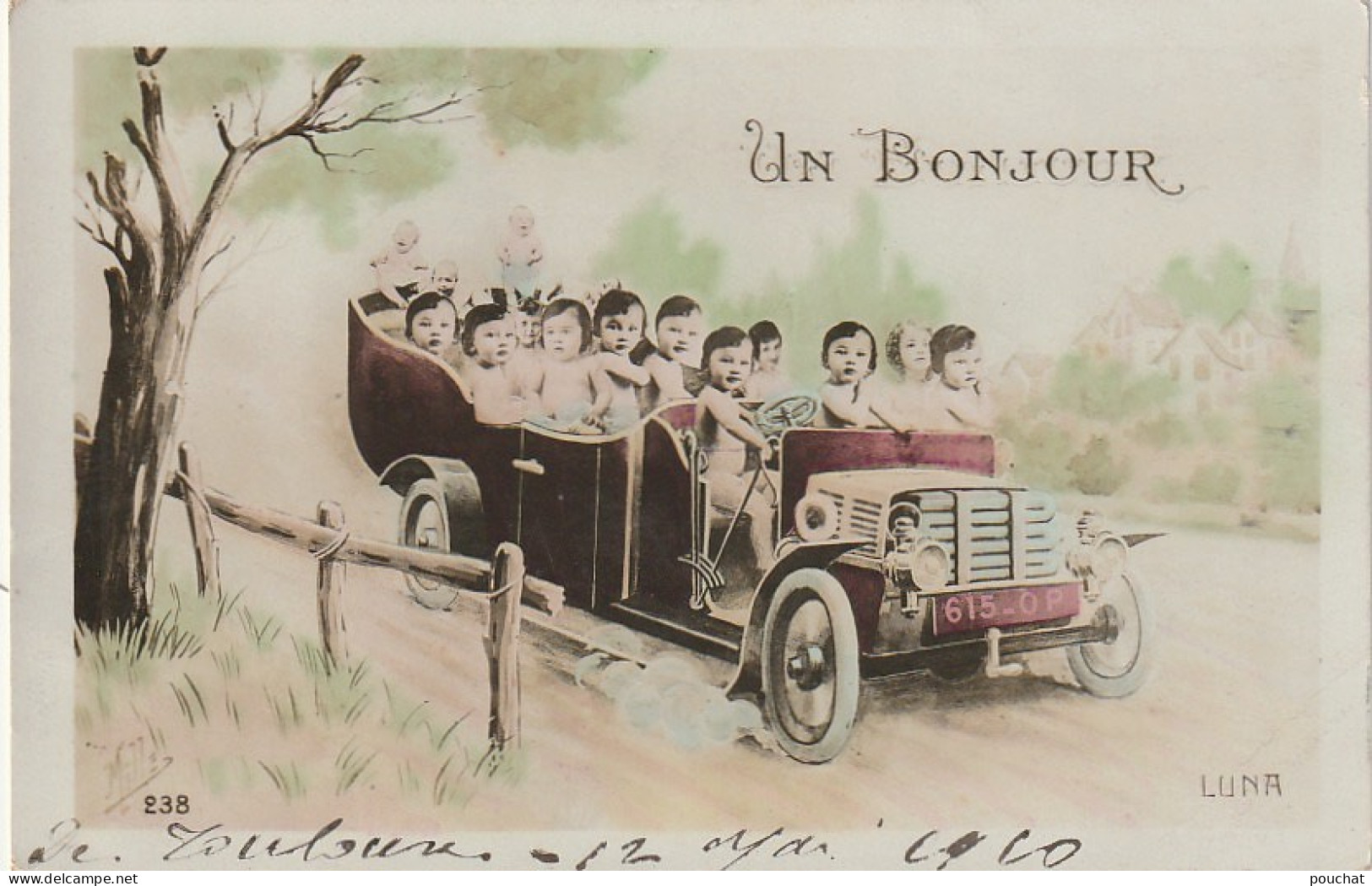 QU 8- " UN BONJOUR " - GROUPE DE BEBES EN EXCURSION DANS UNE AUTOMOBILE (LUNA N° 238)- 2 SCANS  - Scenes & Landscapes