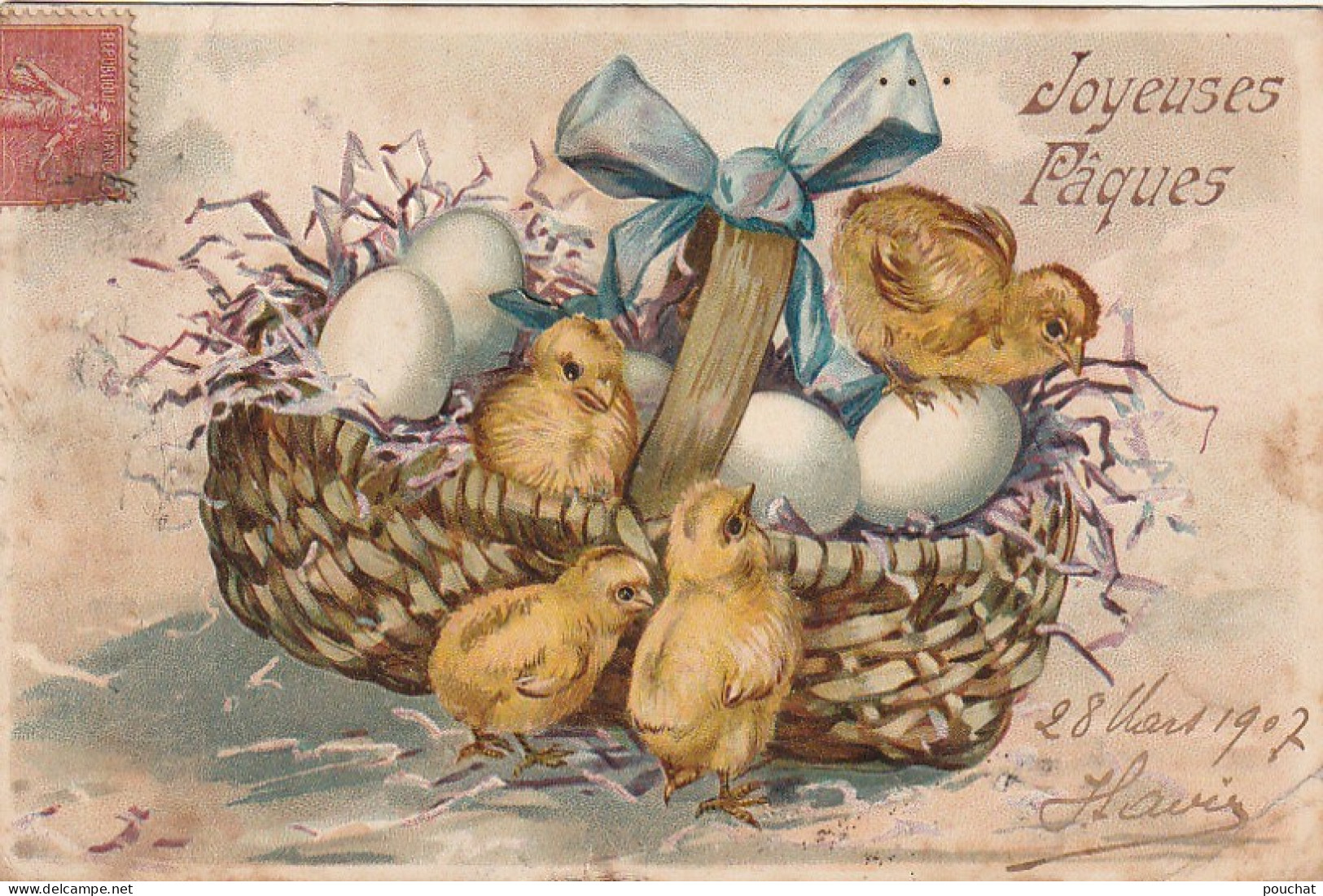 QU 9- JOYEUSES PAQUES - CARTE FANTAISIE GAUFREE - PANIER D' OEUFS ET POUSSINS - 2 SCANS - Ostern