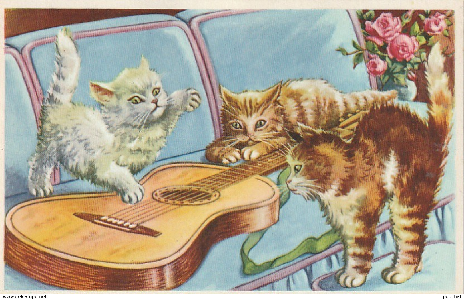 QU 9- FRATRIE DE CHATS GRATTANT LES CORDES D' UNE GUITARE  - 2 SCANS - Chats