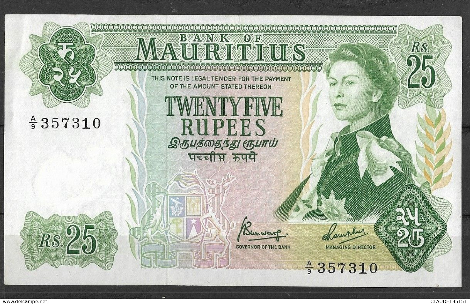 MAURICE      BILLET  25  RS  1967 - Mauritius