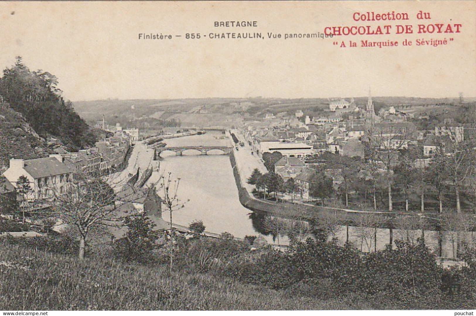 QU 13-(29) CHATEAULIN - VUE PANORAMIQUE - CARTE PUBLICITAIRE CHOCOLAT DE ROYAT - 2 SCANS - Châteaulin