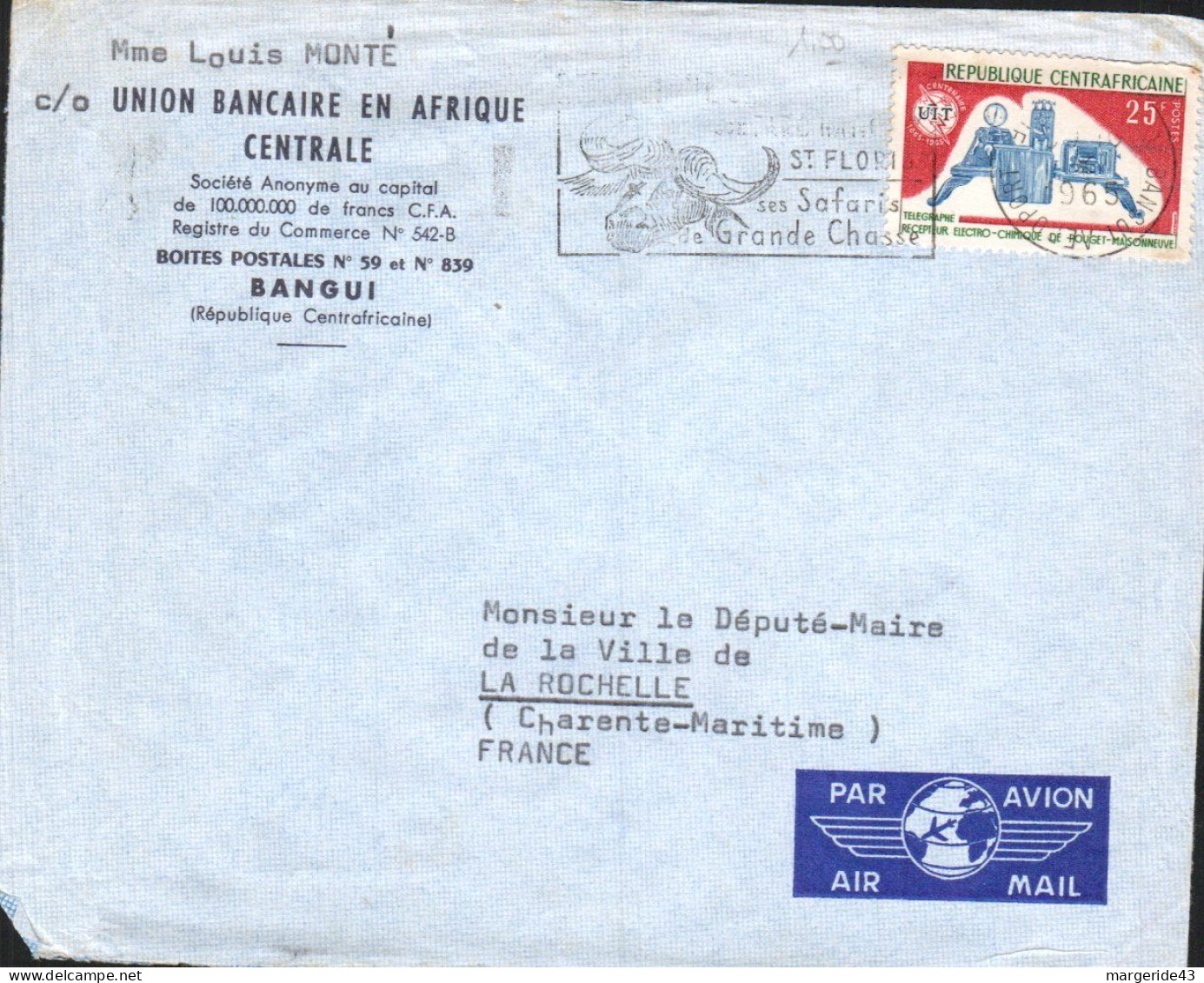 CENTRAFRIQUE SEUL SUR LETTRE POUR LA FRANCE 1965 - Zentralafrik. Republik