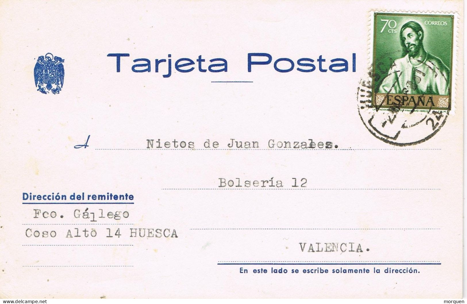 53963. Tarjeta Comercial HUESCA 1962, Pedido De Tejidos A Valencia. Sello GRECO - Covers & Documents