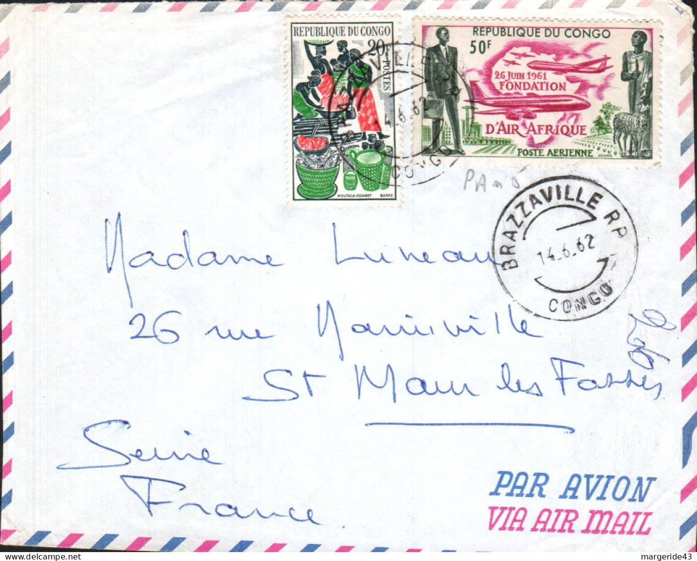 CONGO AFFRANCHISSEMENT COMPOSE SUR LETTRE POUR LA FRANCE 1962 - Autres & Non Classés