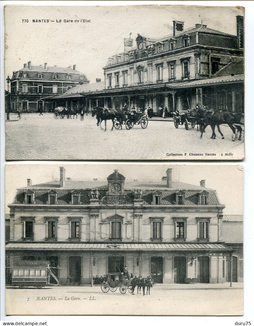 LOT 2 CPA * NANTES La Gare De L'Etat & La Gare ( Attelages ) ATTENTION La 1ère à Un Recollage Bizarre Au Dos - Nantes