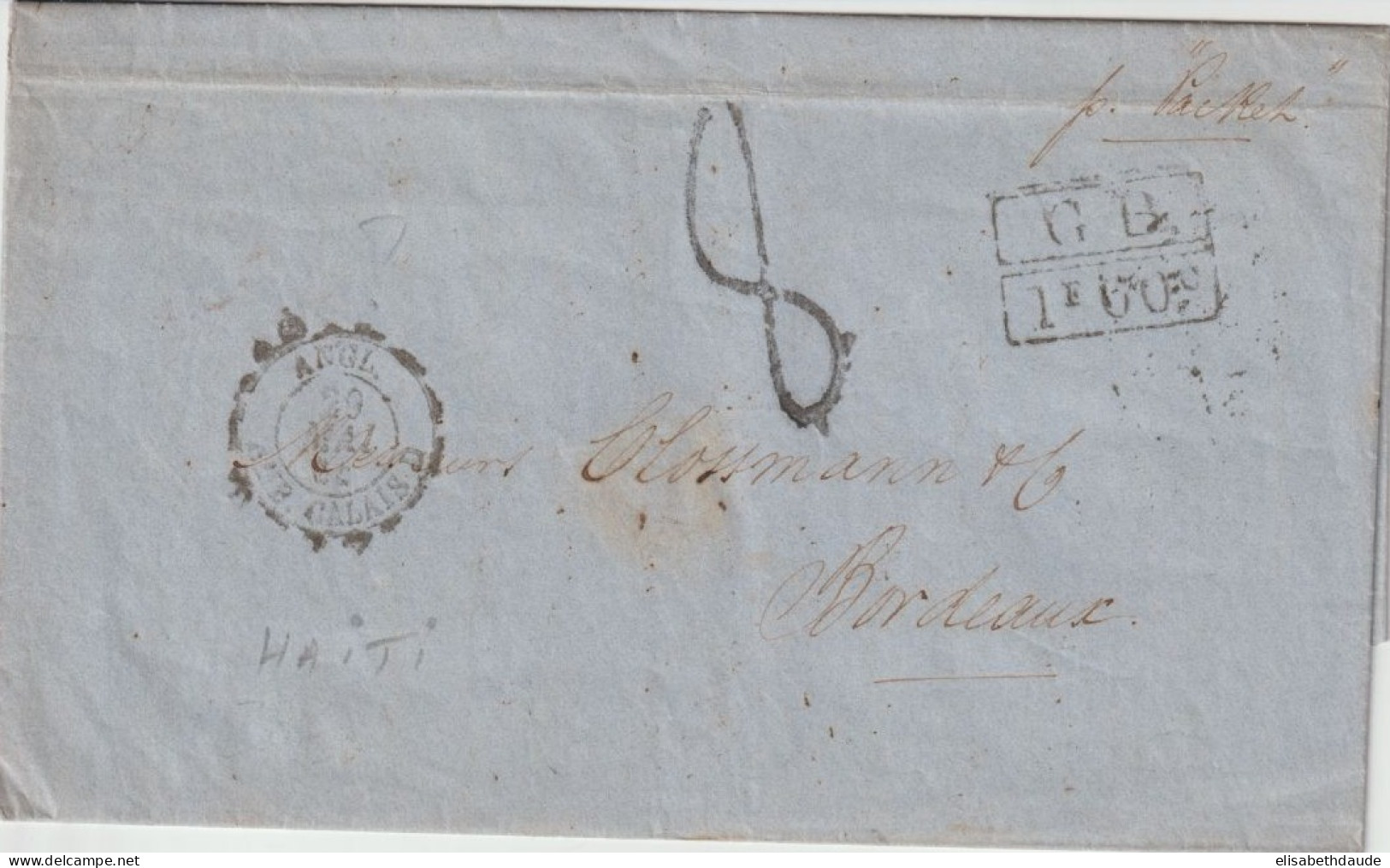 HAÏTI / MARITIME - 1864 - LETTRE De PORT AU PRINCE => BORDEAUX - MARQUE ECHANGE1F60c + CURIEUSE ENTREE AMBULANT CALAIS - Poste Maritime