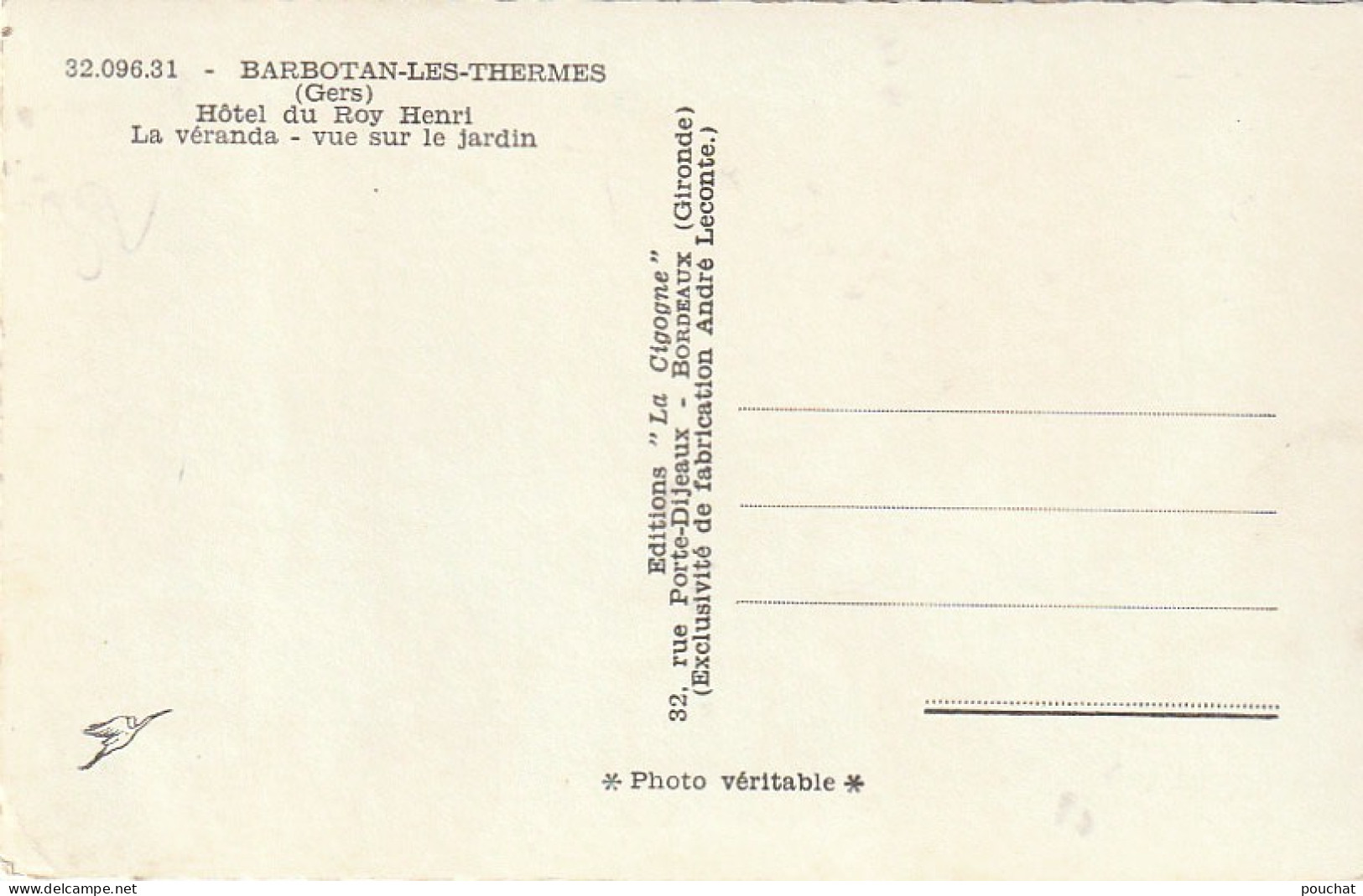 QU 18-(32) BARBOTAN - HOTEL DU ROY HENRI - LA VERANDA - VUE SUR LE JARDIN - CARTE COULEURS - 2 SCANS - Barbotan