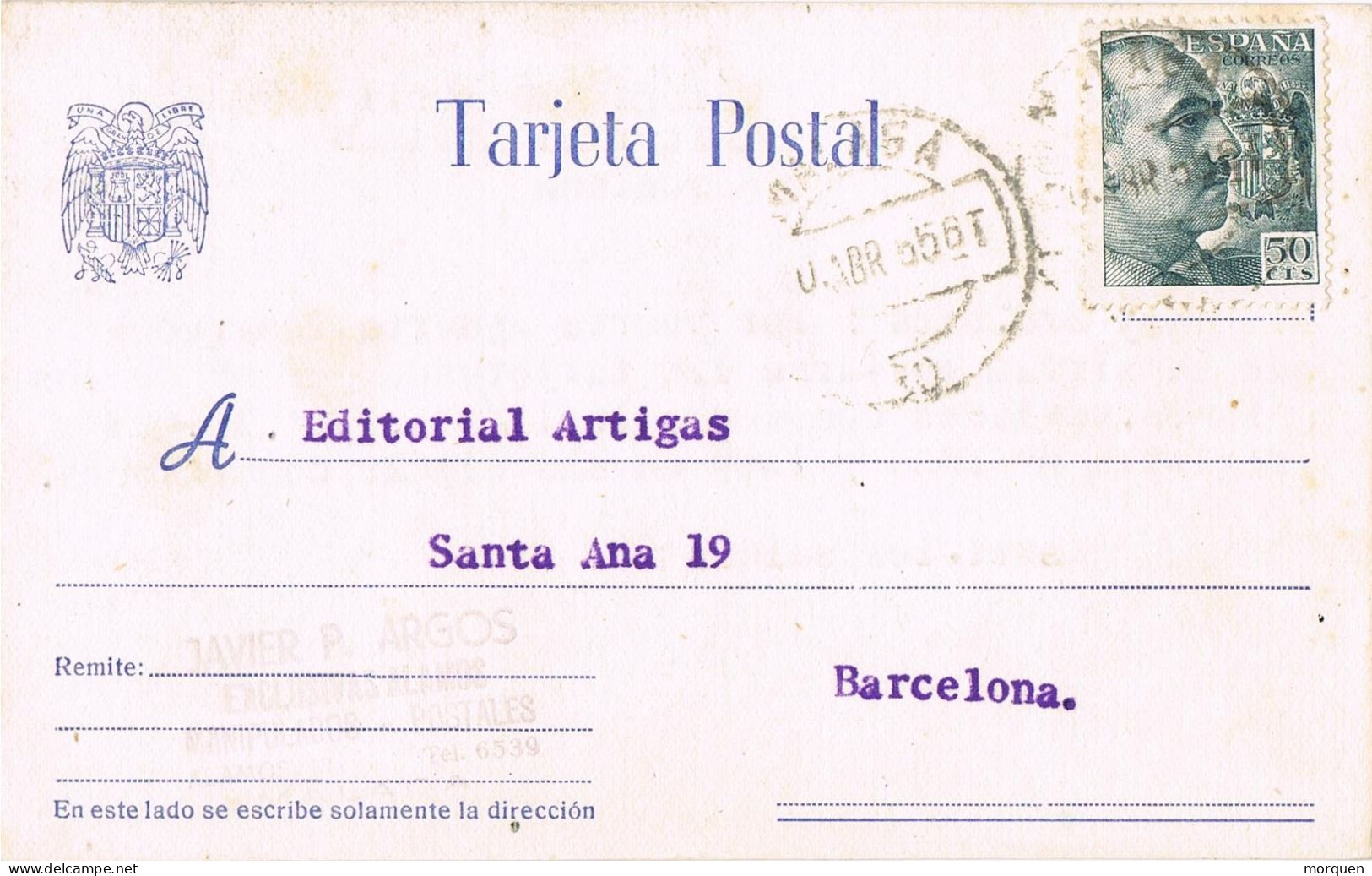 53964. Tarjeta Comercial MALAGA 1955. Pedido Libreria, Editorial Artigas - Briefe U. Dokumente