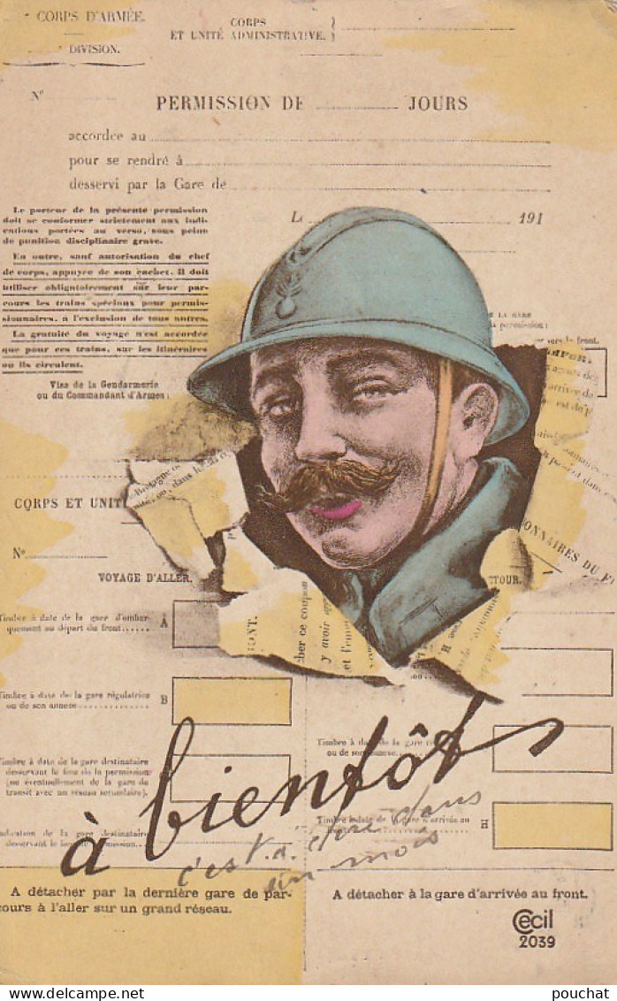 QU 19- CARTE PERMISSION AVEC POILU ( 21 FEVRIER 1918 )- 2 SCANS - Characters