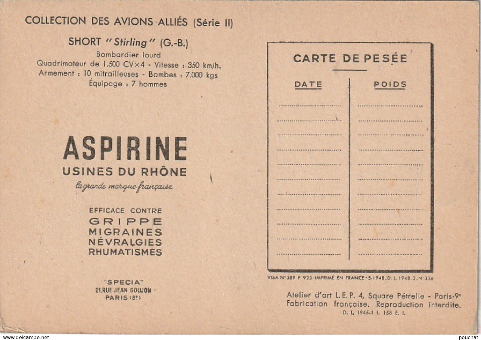 QU 21- COLLECTION DES AVIONS ALLIES - SHORT " STIRLING " ( G.B ) - ILLUSTRATEUR PETIT- CARTE PUBLICITAIRE ASPIRINE  - 1939-1945: 2nd War
