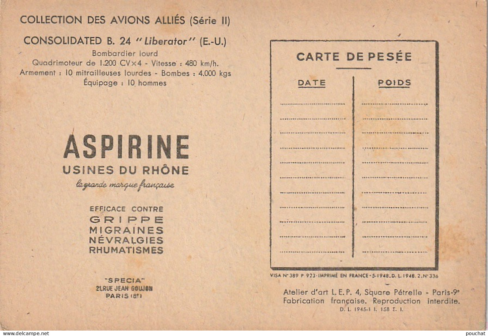 QU 21- COLLECTION DES AVIONS ALLIES - CONSOLIDATED B 24 " LBERATOR " (E.U) - ILLUSTRATEUR PETIT - CARTE PUB ASPIRINE  - 1939-1945: 2ème Guerre