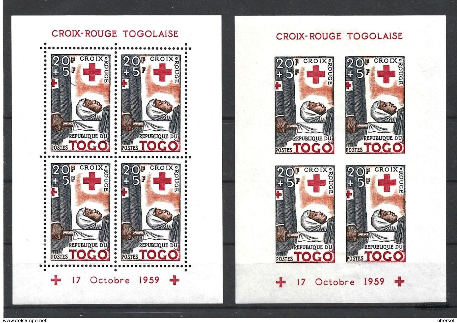 Togo 1959 Red Cross Complete Souvenir Sheets 20+5 Perforated & Imperforated MNH - Togo (1960-...)