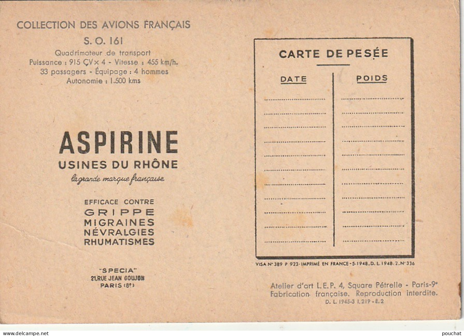 QU 21- COLLECTION DES AVIONS FRANCAIS - S.O.161 - ILLUSTRATEUR PETIT - CARTE PUB ASPIRINE , USINES DU RHONE - 1939-1945: 2de Wereldoorlog