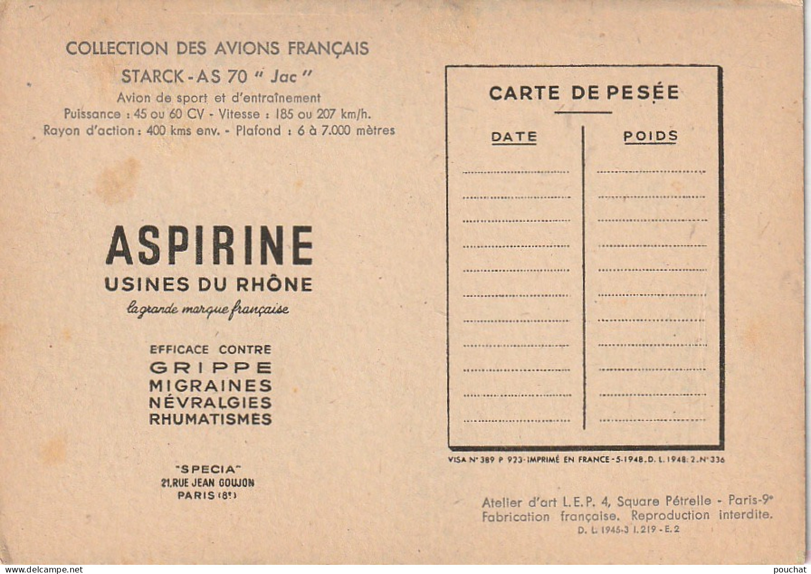 QU 22- COLLECTION DES AVIONS FRANCAIS - STARCK AS 70 " JAC" - ILLUSTRATEUR PETIT - CARTE PUBLICITAIRE ASPIRINE - 1946-....: Modern Era