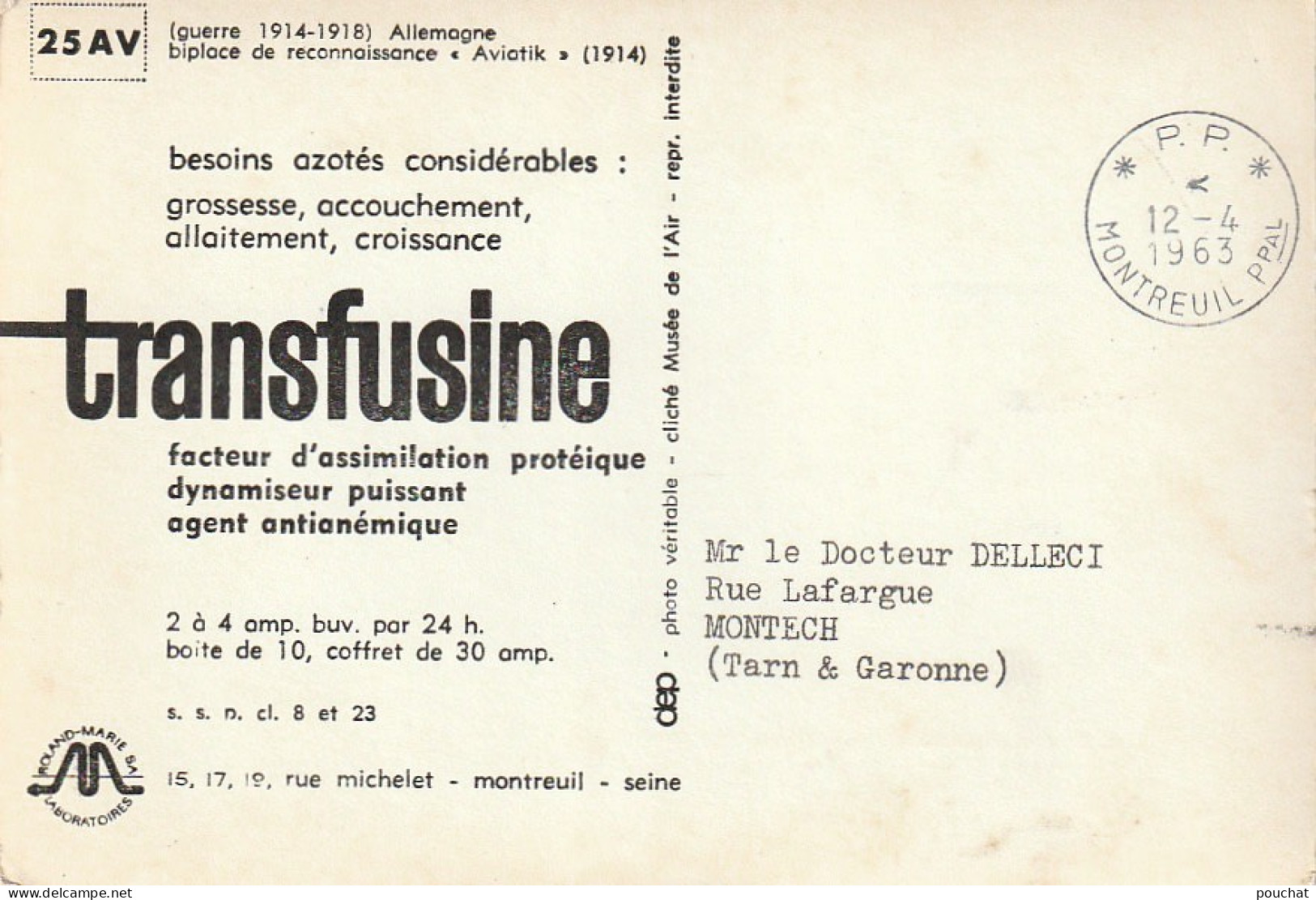 QU 22- BIPLACE DE RECONNAISSANCE " AVIATIK " (1914) - CARTE PUB TRANSFUSINE , LABORATOIRES ROLAND MARIE , MONTREUIL - 1914-1918: 1. Weltkrieg