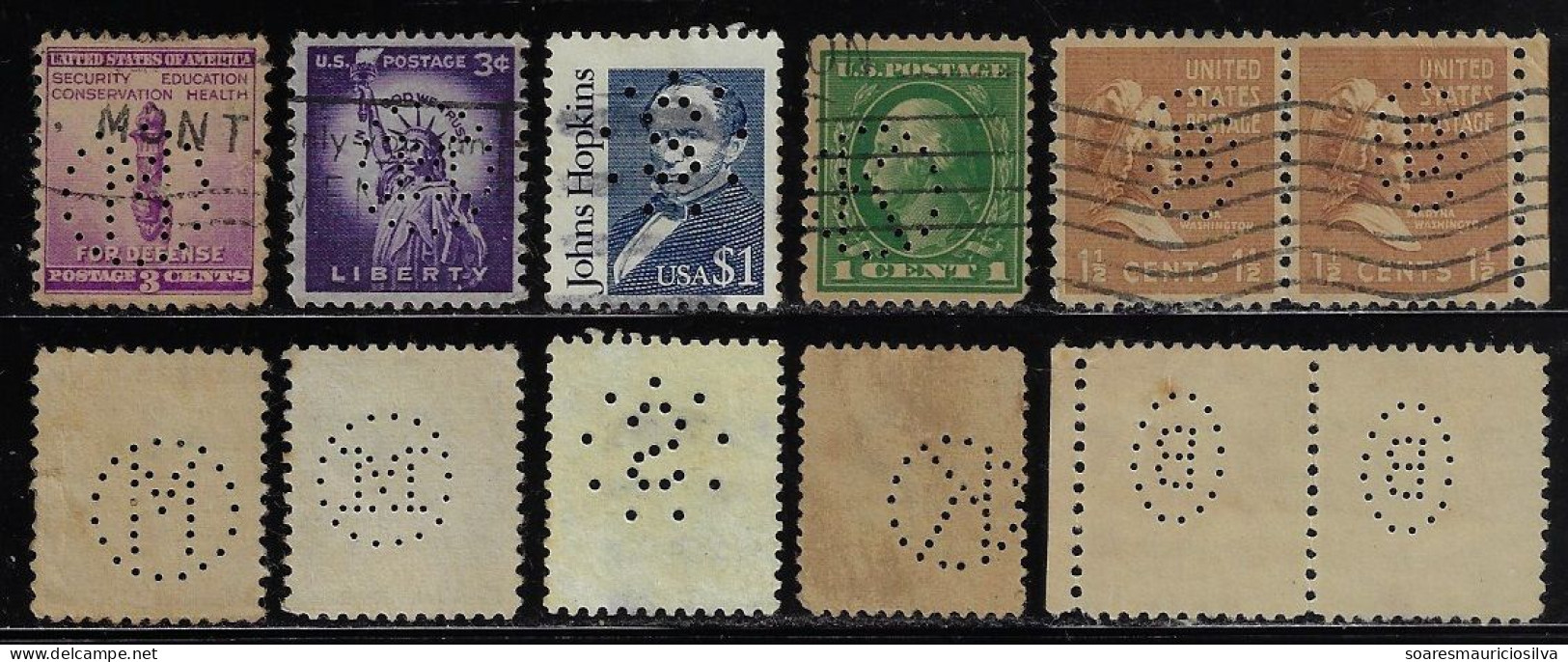 USA United States 6 Stamp Perfin letter Within Circle Or Ellipse Geometry Math lochung Perfore - Perforés