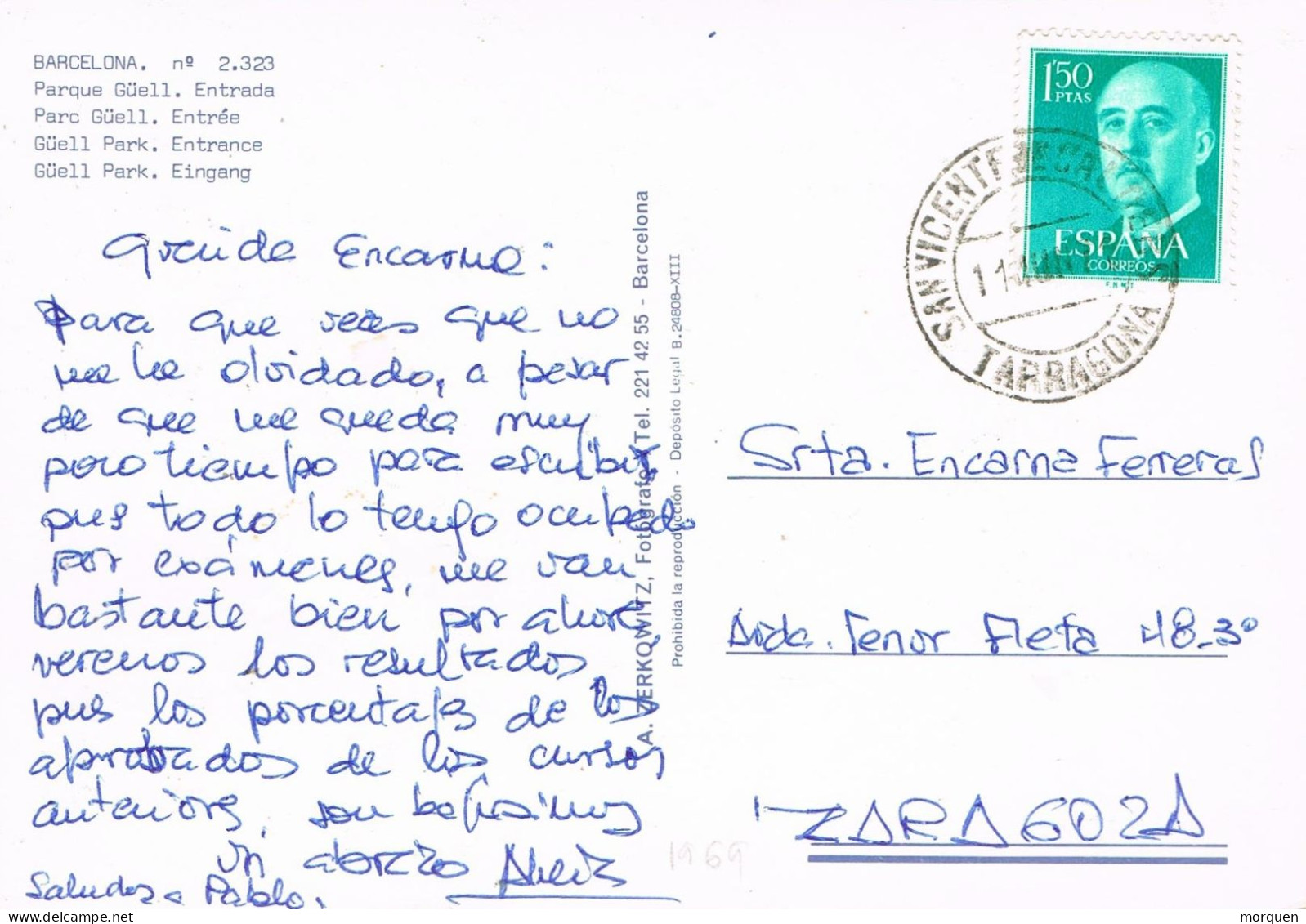 53965. Postal SAN VICENTE De CALDERS (Tarragona) 1971. Vista Entrada Parque Guell De Barcelona - Lettres & Documents