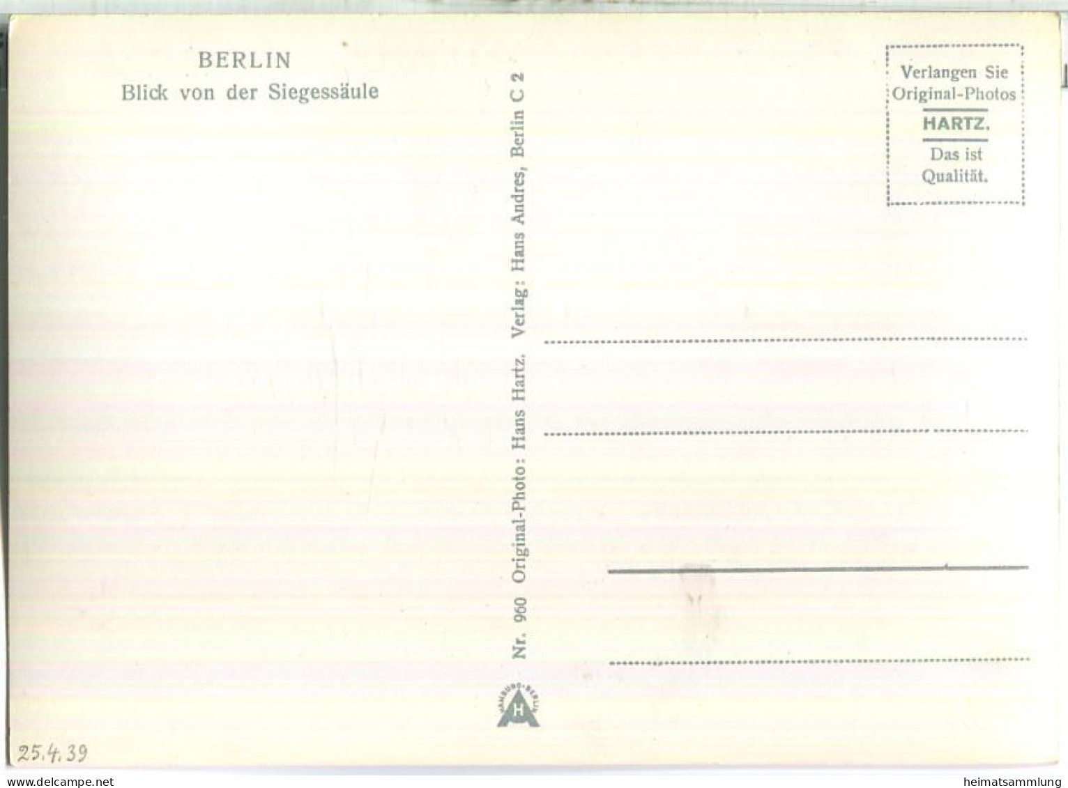 Berlin - Blick Von Der Siegessäule - Foto-Ansichtskarte - Verlag Hans Andres Berlin - Tiergarten