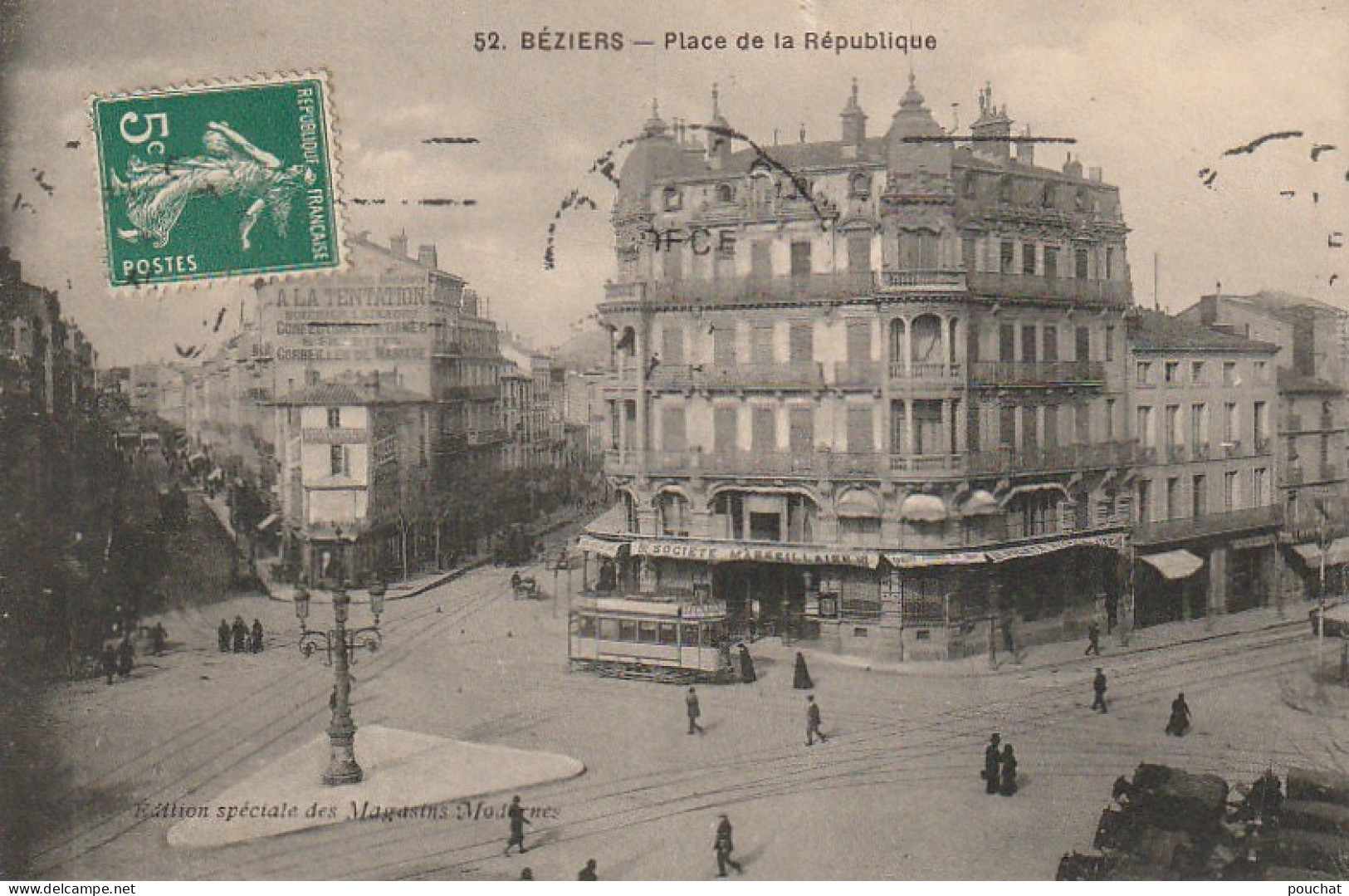 RE 1-(34) BEZIERS - PLACE DE LA REPUBLIQUE - BANQUE : SOCIETE MARSEILLAISE - TRAMWAY - 2 SCANS - Beziers