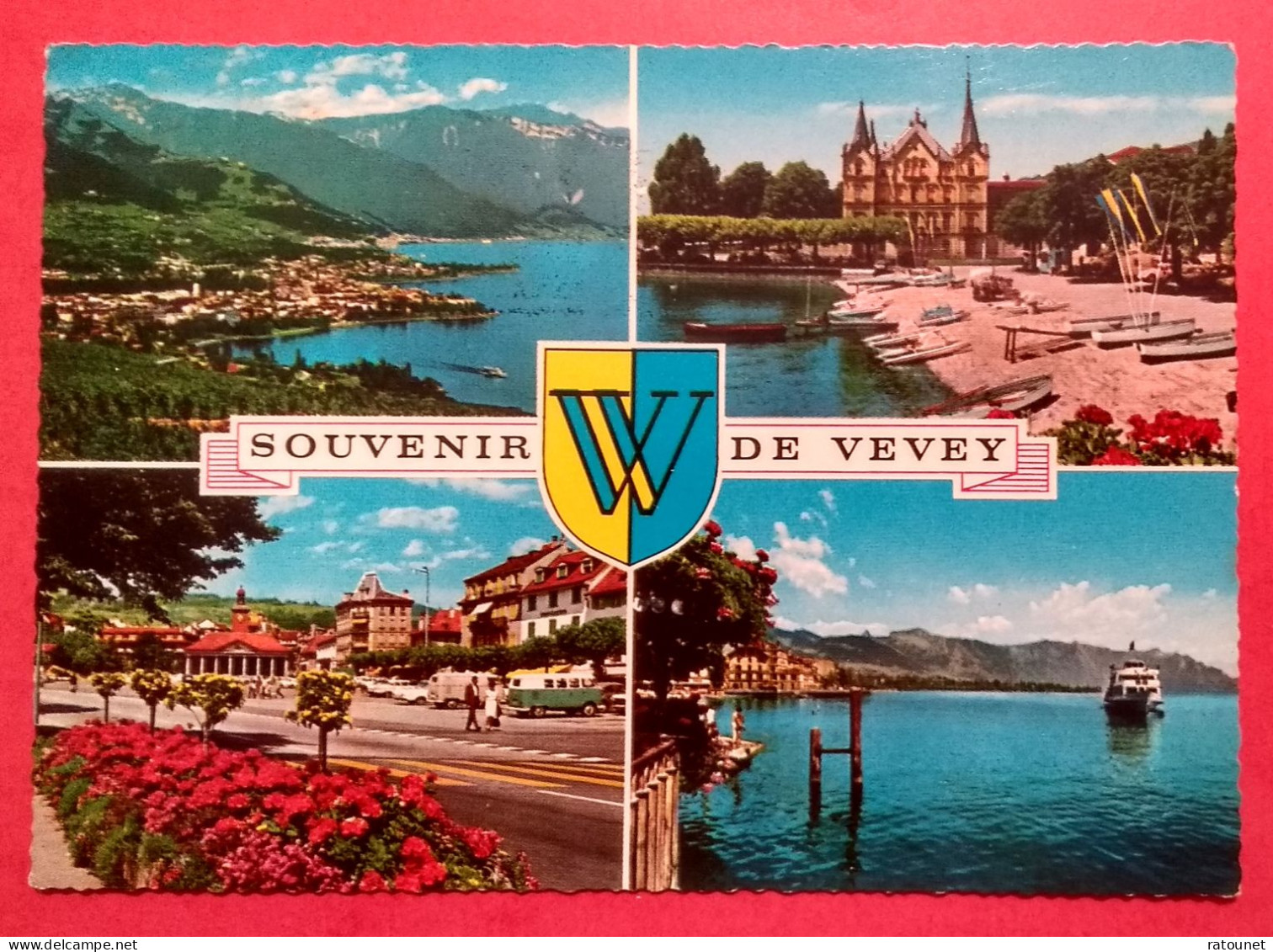 CH - Vaud - CPSM - SOUVENIR DE VEVEY  - MULTIVUES * PHILA Flamme Interlaken - Vevey