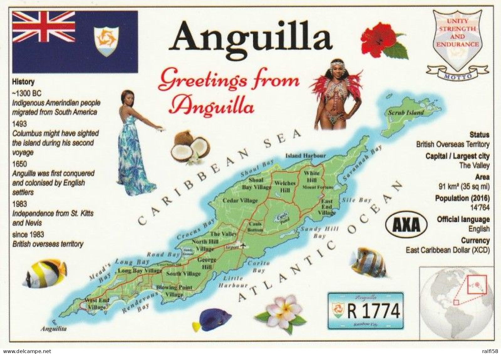 1 Map Of Anguilla * 1 Ansichtskarte Mit Der Landkarte Von Anguilla, Informationen Und Der Flagge Von Anguilla * - Carte Geografiche