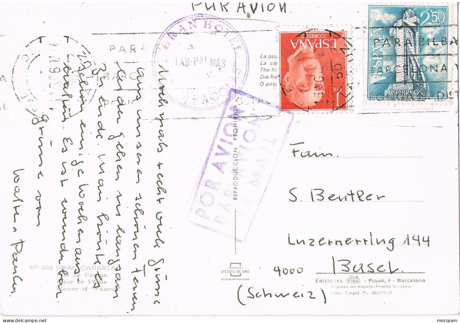 53966. Postal Aerea PUERTO De La LUZ (Las Palmas) Canarias 1969. Marca Hotel LAS CARACOLAS. Flor De Pascua - Briefe U. Dokumente