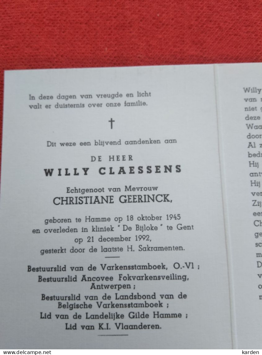 Doodsprentje Willy Claessens / Hamme 18/10/1945 Gent 21/12/1992 ( Christiane Geerinck ) - Religion & Esotérisme