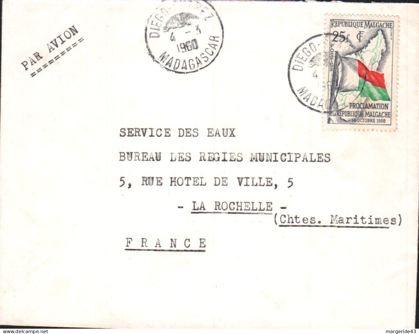 MADAGASCAR SEUL SUR LETTRE DE DIEGO SUAREZ POUR LA FRANCE 1960 - Madagascar (1960-...)