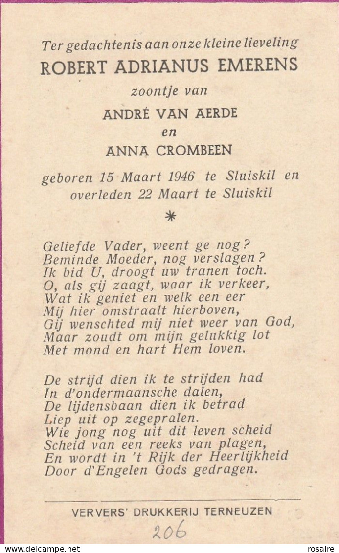 Prentje Sluiskil 1946 Kindje Emerens - Devotieprenten