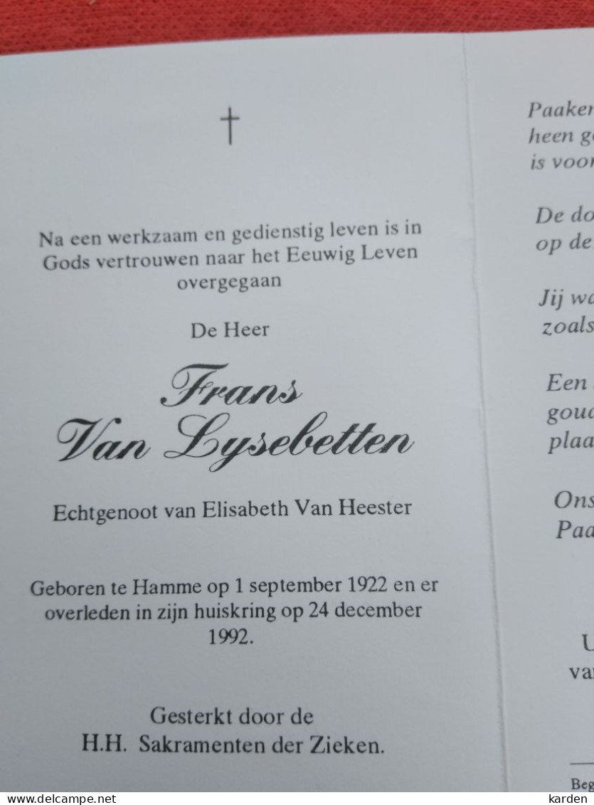 Doodsprentje Frans Van Lysebetten / Hamme 1/9/1922 - 24/12/1992 ( Elisabeth Van Heester ) - Religione & Esoterismo