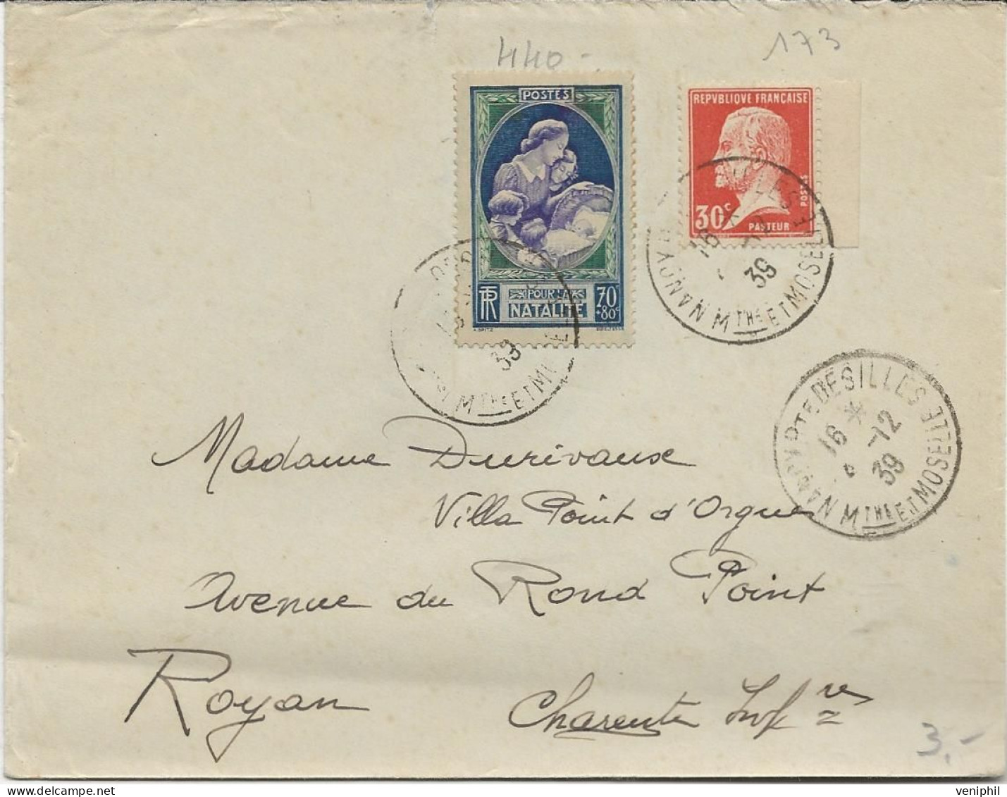 LETTRE AFFRANCHIE N° 173 + N° 440 - OBLITEREE CAD NANCY - PORTE DESILLES 1939 - Covers & Documents