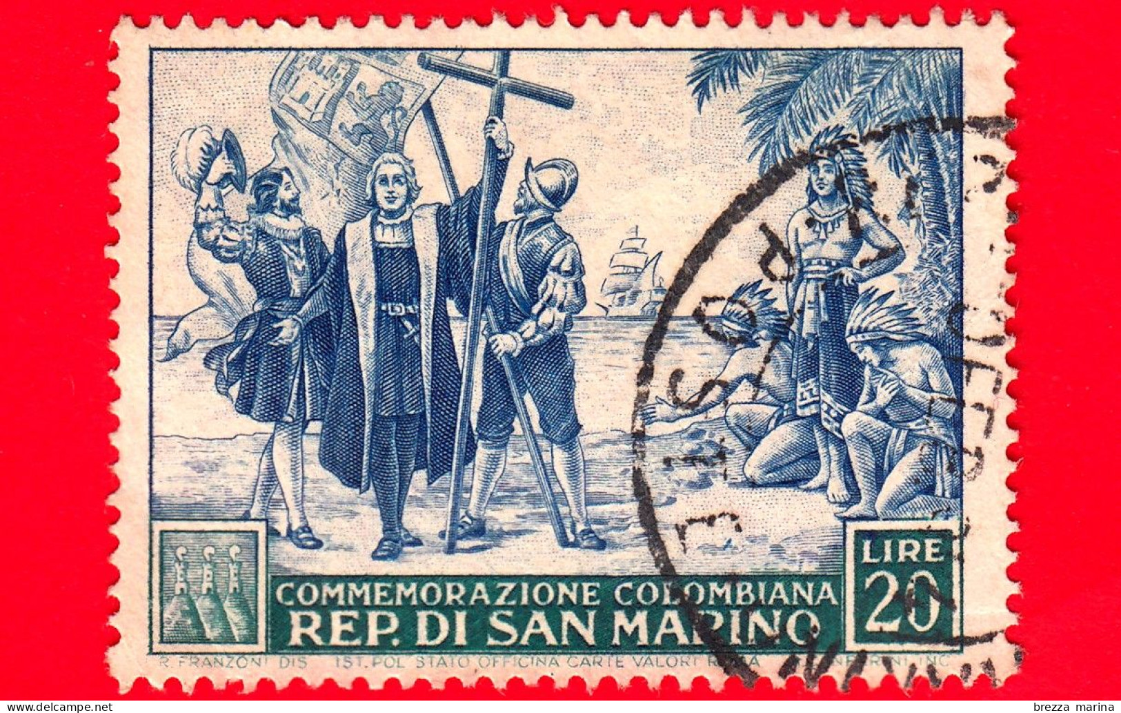 SAN MARINO - Usato - 1952 - 5º Centenario Della Nascita Di Cristoforo Colombo - Sbarco A S.Salvador - 20 - Usados